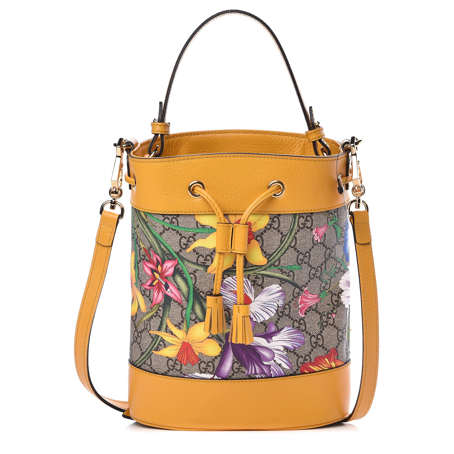 GUCCI GG Supreme Monogram Flora Small Ophidia Bucket Bag Yellow 474417