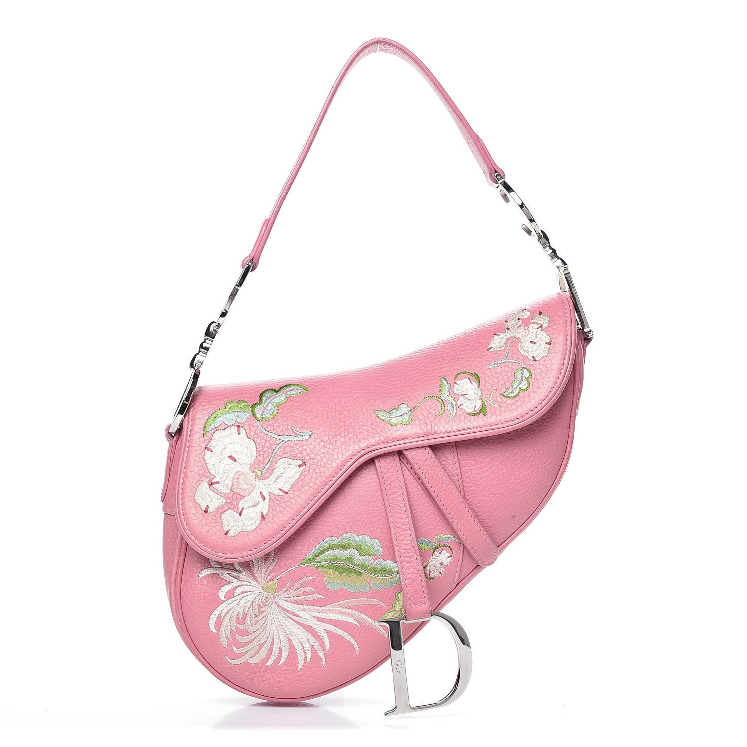 CHRISTIAN DIOR Calfskin Embroidered Romantic Flowers Saddle Bag Pink 341577