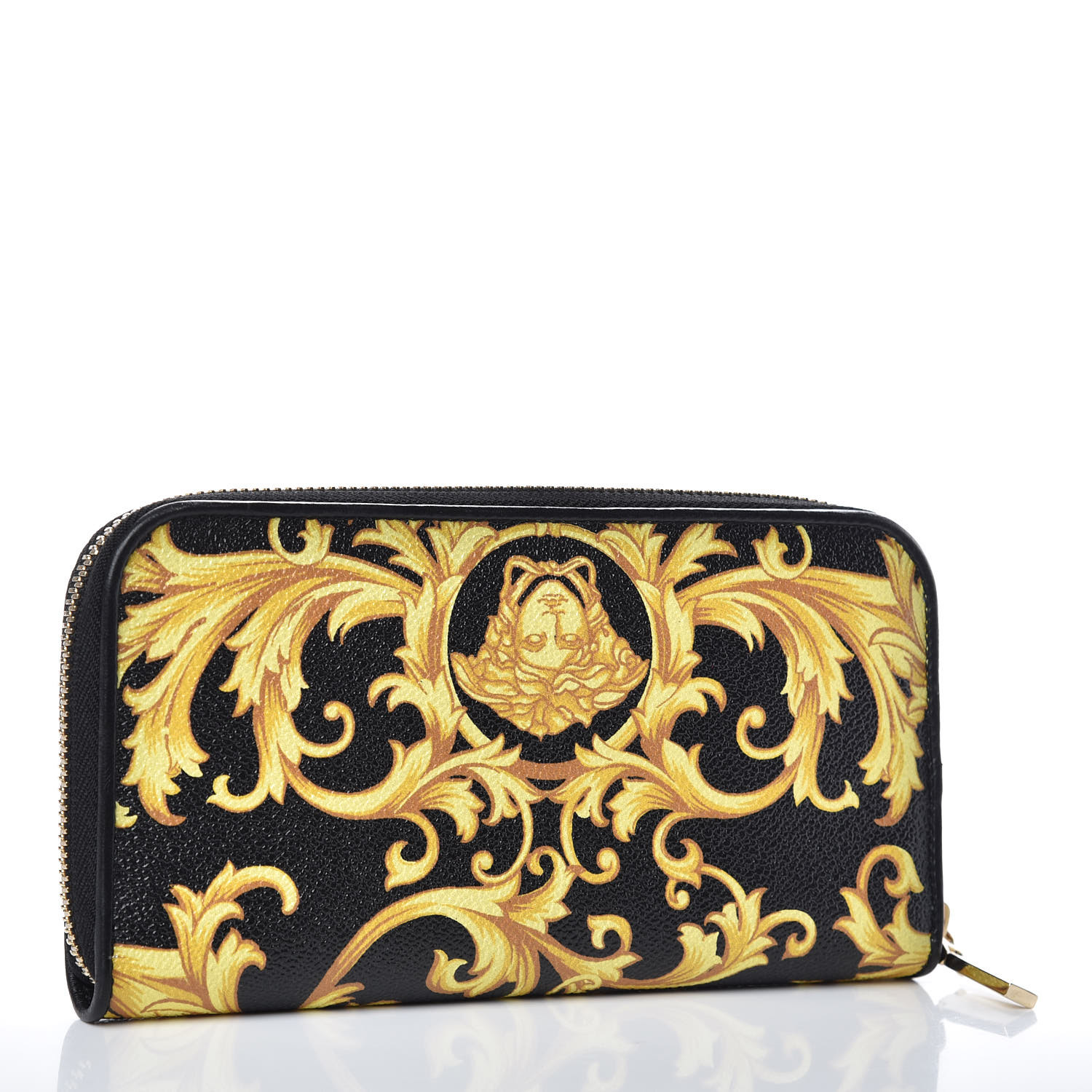 VERSACE Calfskin Barocco Print Zip Around Wallet Black Gold 383262