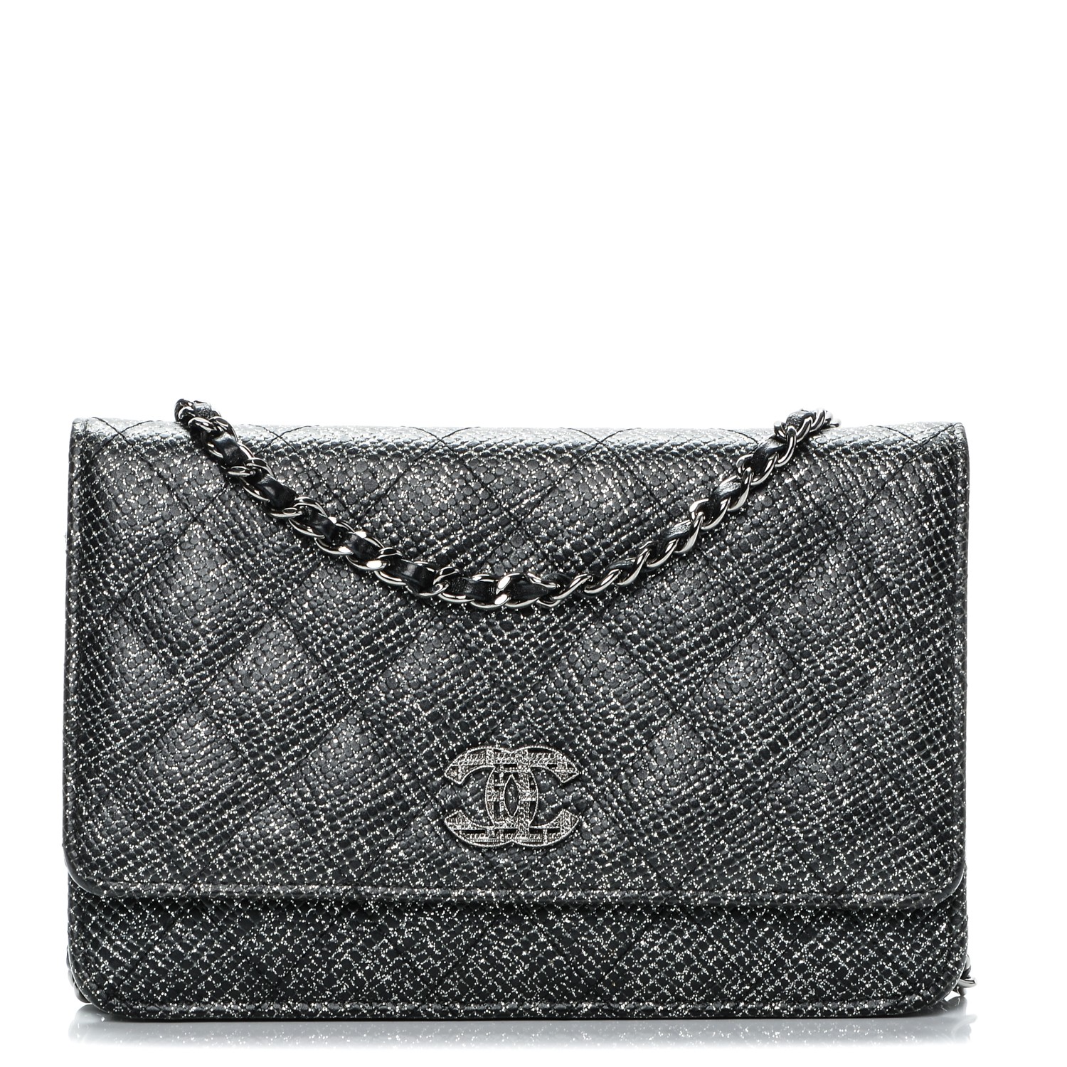 CHANEL Glitter Calfskin Quilted Wallet on Chain WOC Black 195948