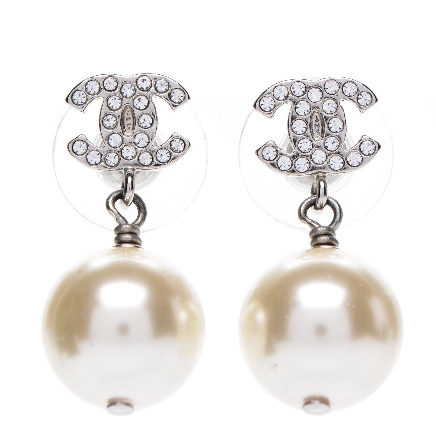 CHANEL Crystal Pearl CC Drop Earrings Silver 195944