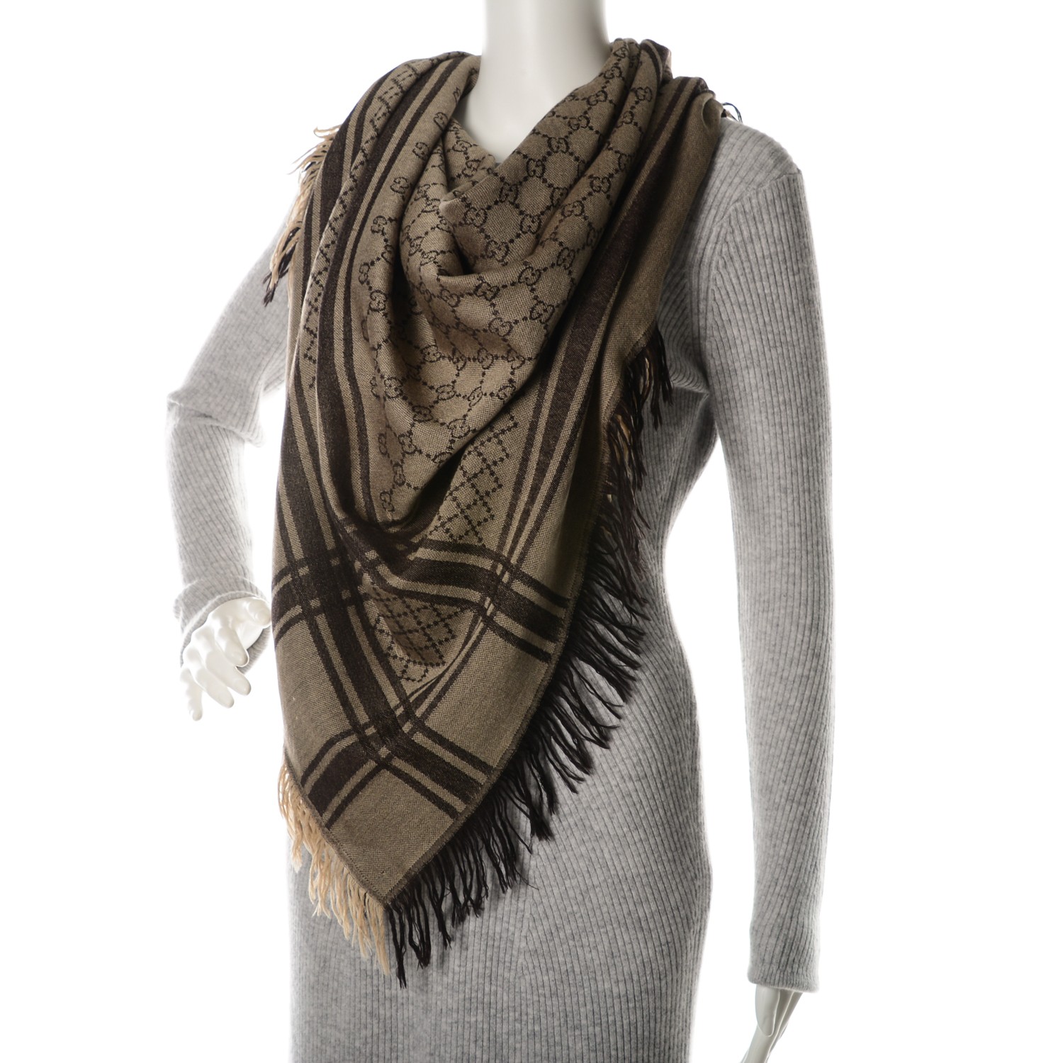 GUCCI Wool Silk Fringe Monogram Shawl Scarf Brown 165317