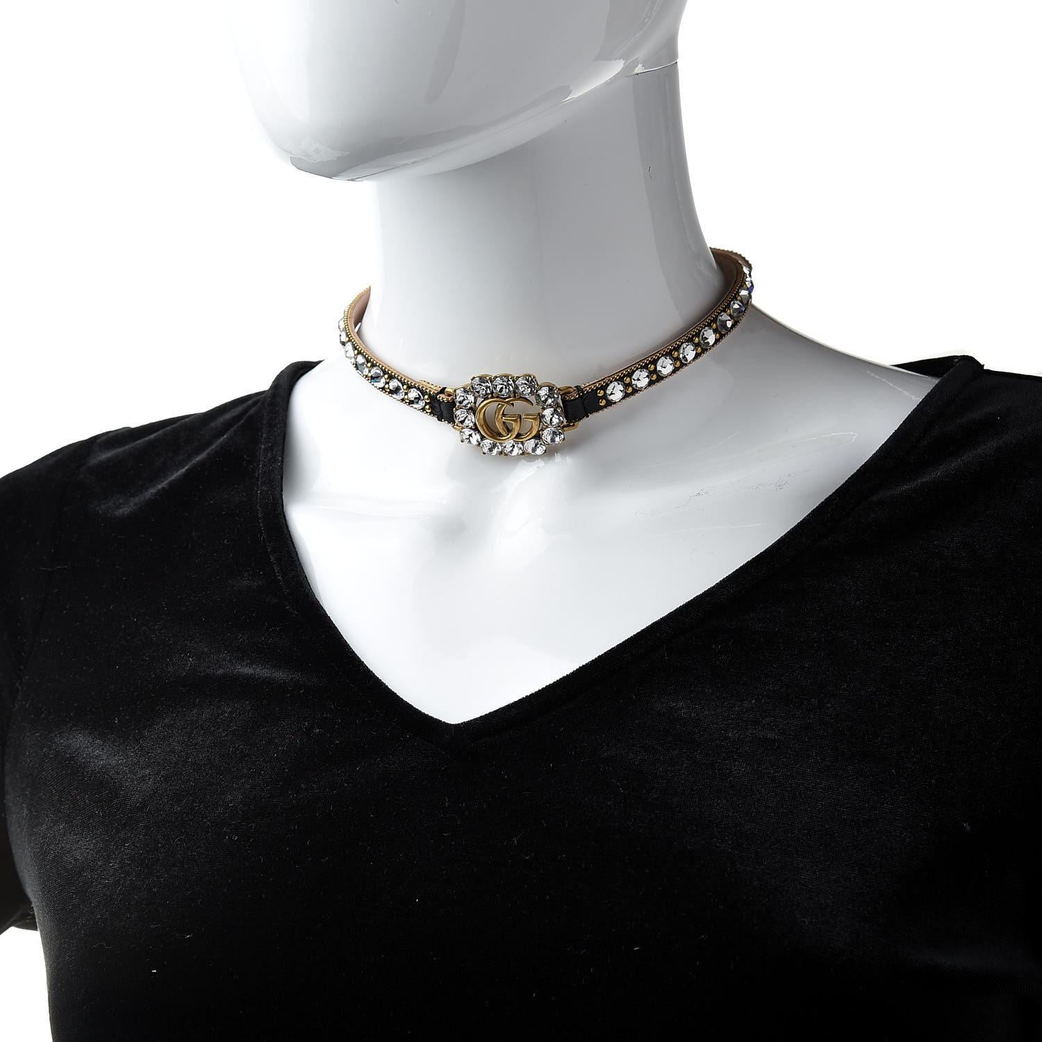 GUCCI Calfskin Crystal Embellished Double G Choker Necklace Black 517480