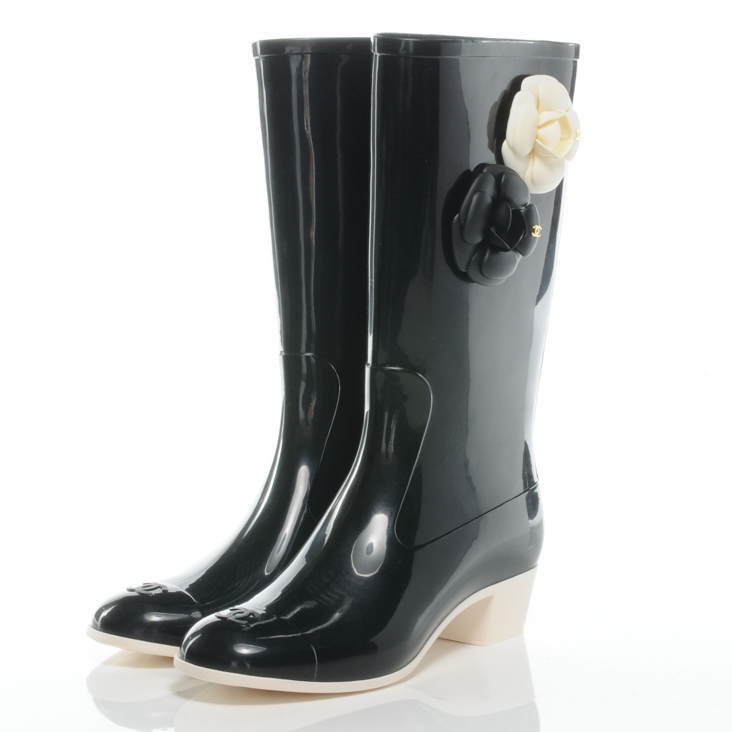 CHANEL Rubber Camelia Rain Boots 41 Black White 44766