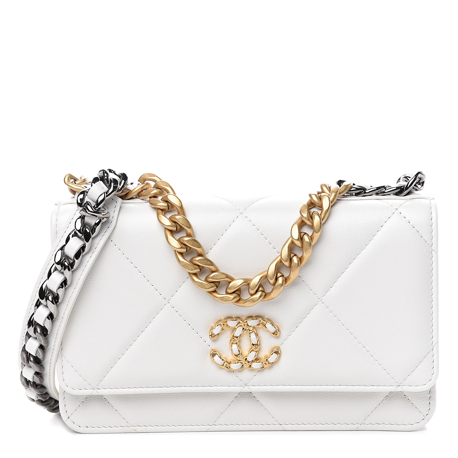 CHANEL Goatskin Quilted Chanel 19 Wallet On Chain WOC White 556563 ...