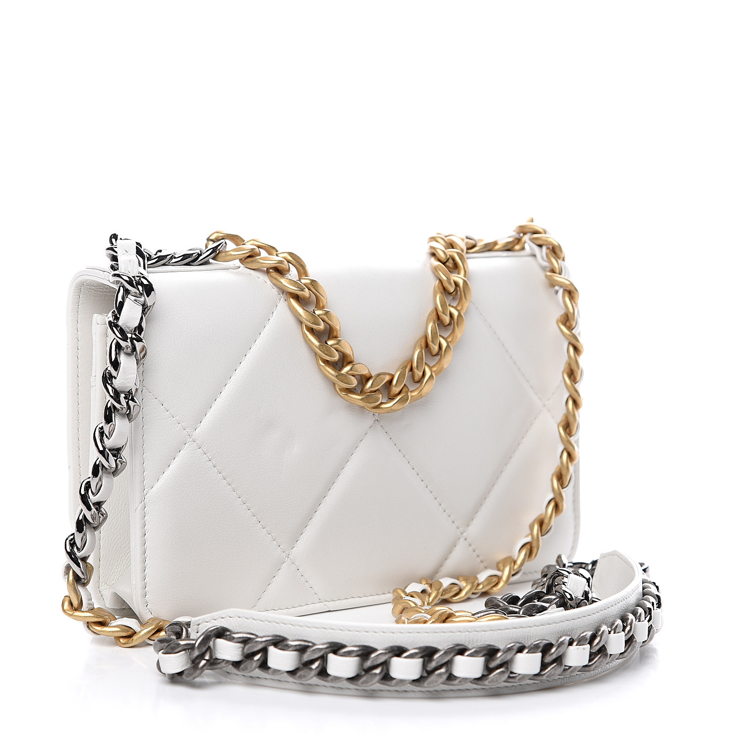 CHANEL Goatskin Quilted Chanel 19 Wallet On Chain WOC White 556563