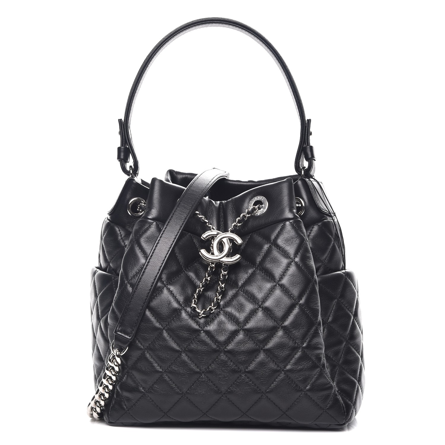 CHANEL Lambskin Quilted Small Chain Bucket Bag Black 230750