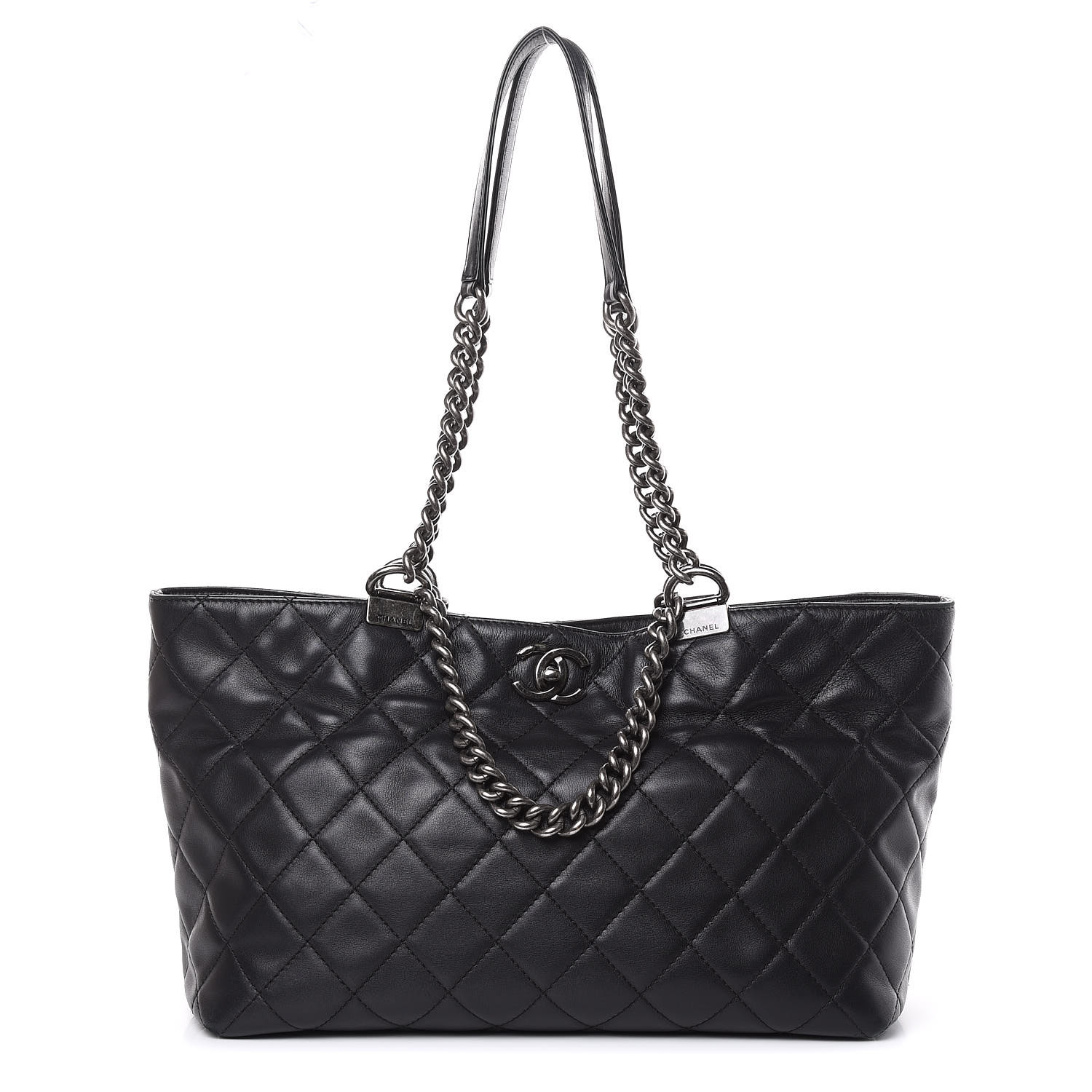 CHANEL Calfskin Quilted Small Shopping In Chains Tote Black 446797