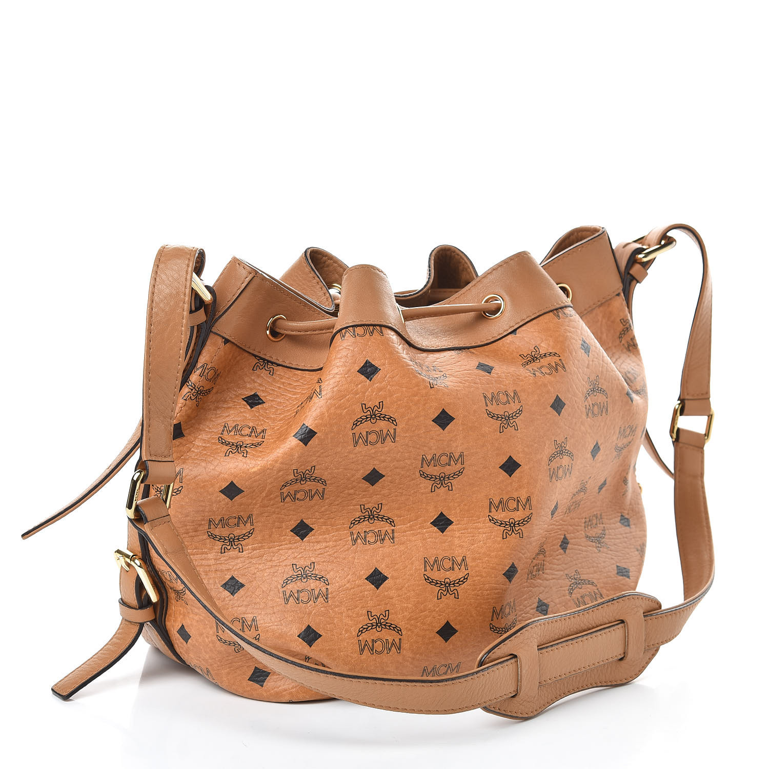 MCM Visetos Essential Drawstring Bucket Bag Cognac 494257