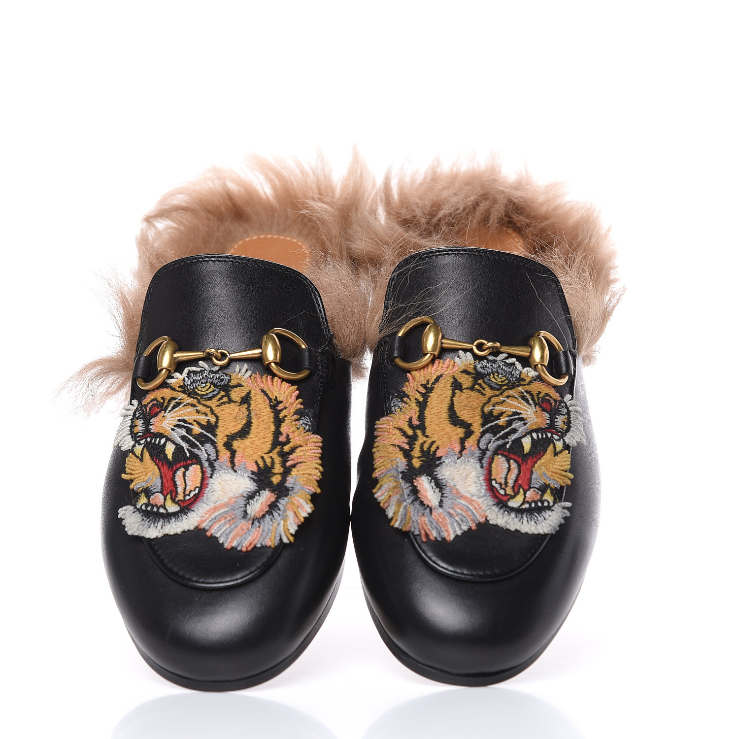 GUCCI Calfskin Fur Womens Tiger Embroidered Princetown Slippers 34.5 ...