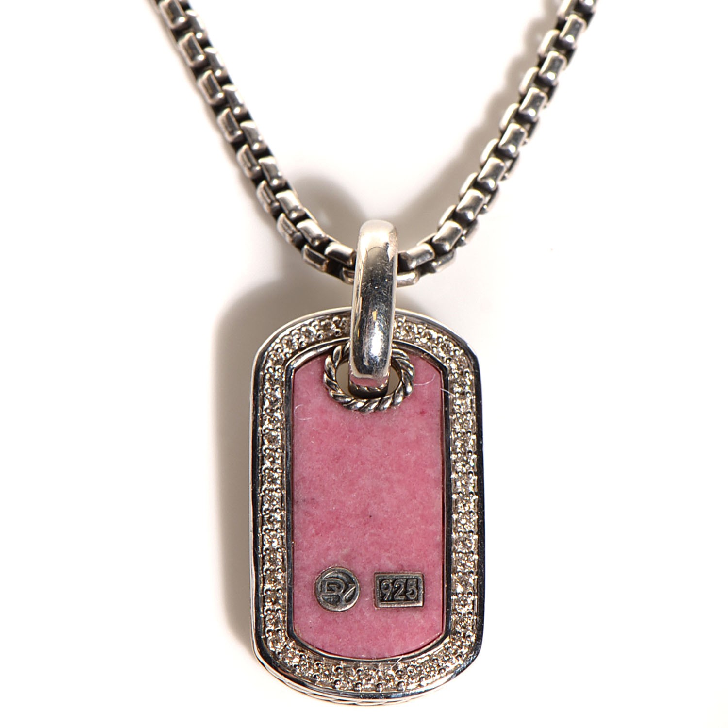 DAVID YURMAN Sterling Silver Pave Diamond Rhodonite Dog Tag Necklace 100199