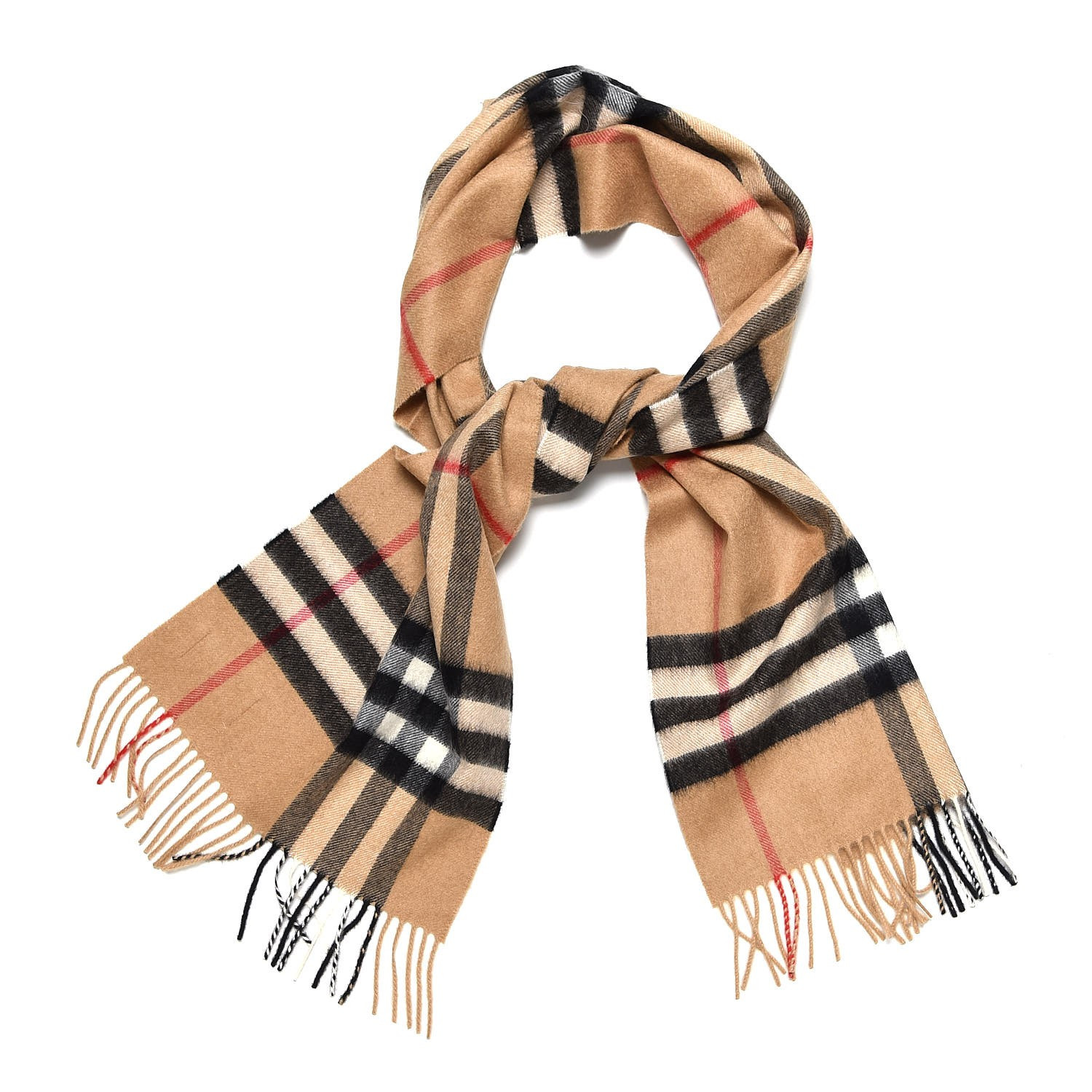 BURBERRY Cashmere Giant Heritage Check Fringe Scarf Camel ...