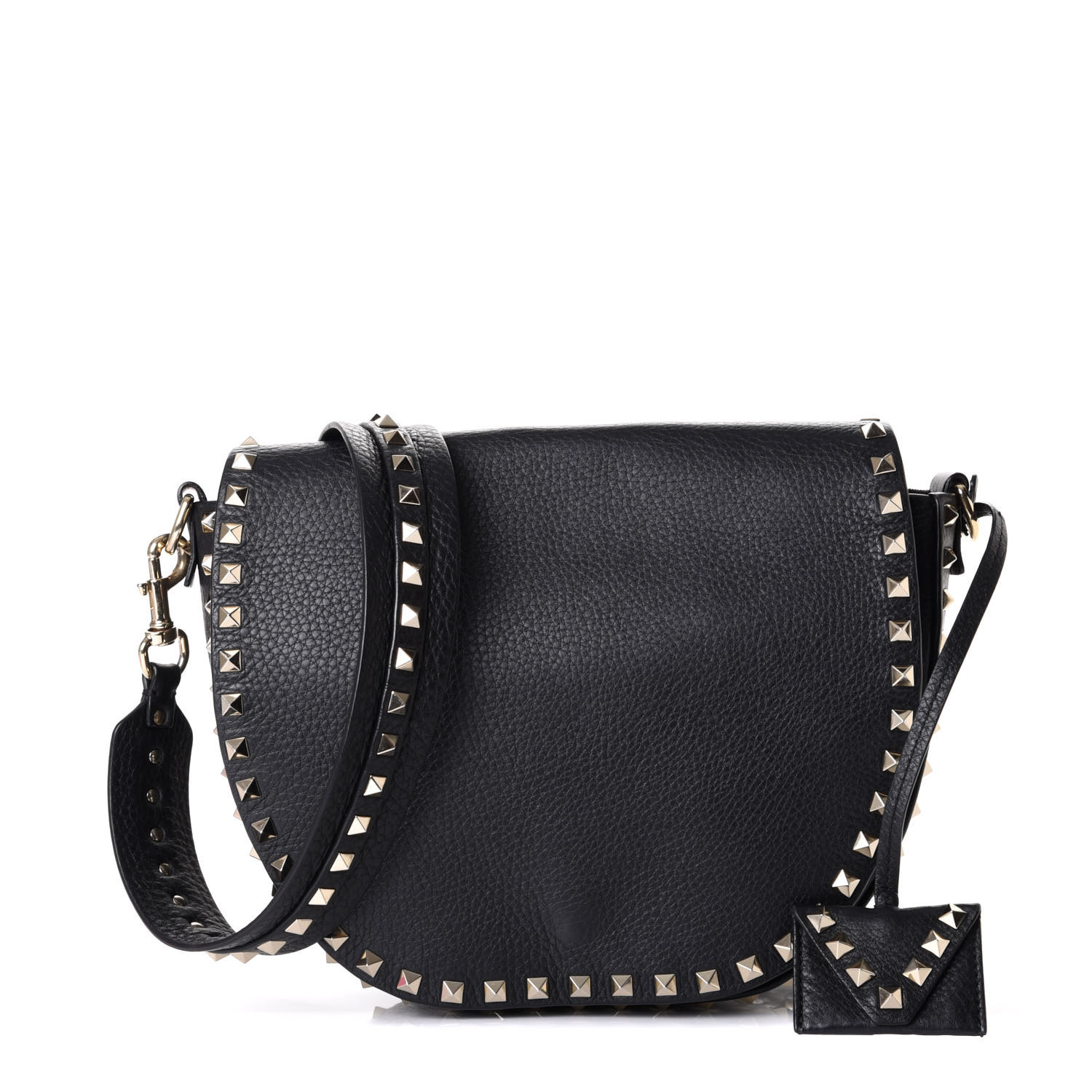 VALENTINO Vitello Large Rockstud Halfmoon Saddle Bag Black 556823