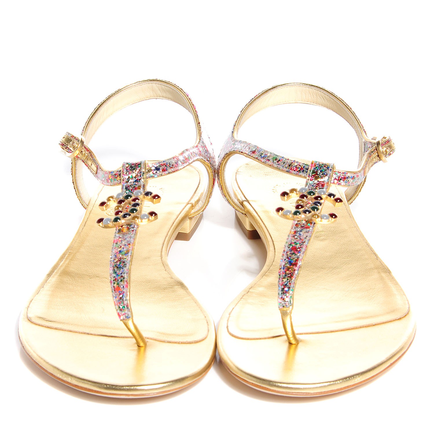 CHANEL Patent Glitter CC Flat Sandals 36.5 Gold Multicolor 95560