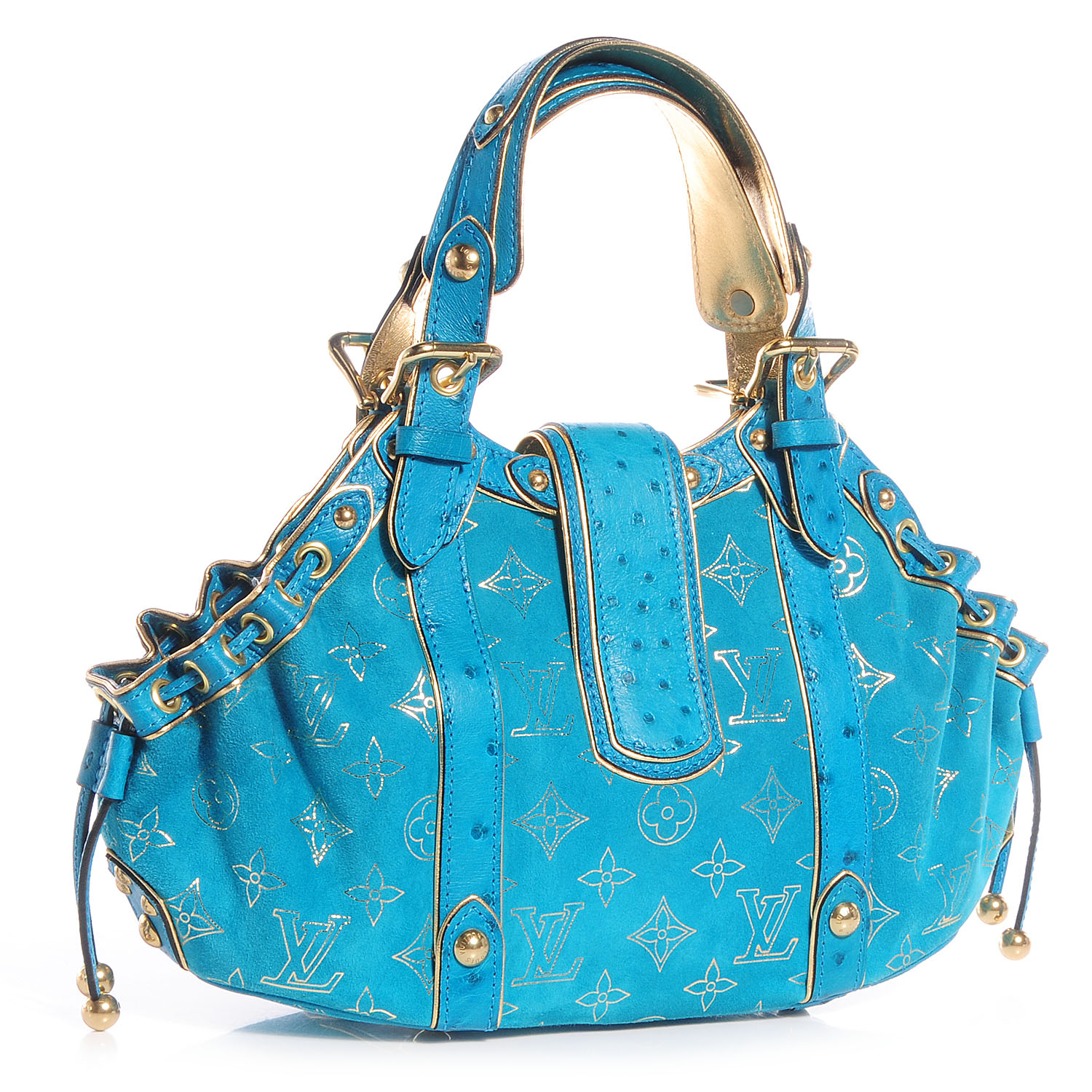 LOUIS VUITTON Monogram Suede Ostrich Theda GM Turquoise 74175