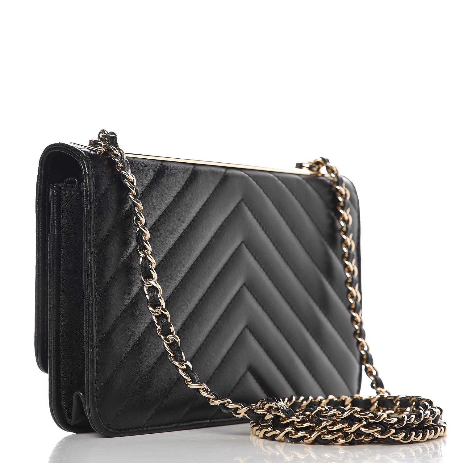 CHANEL Lambskin Chevron Quilted Trendy CC Wallet On Chain WOC Black ...