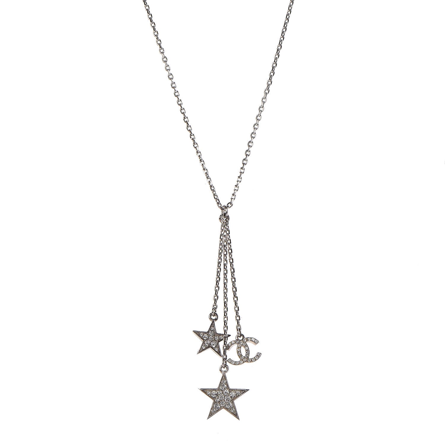 Chanel Crystal Glitter Enamel Cc Star Drop Necklace Silver Fashionphile