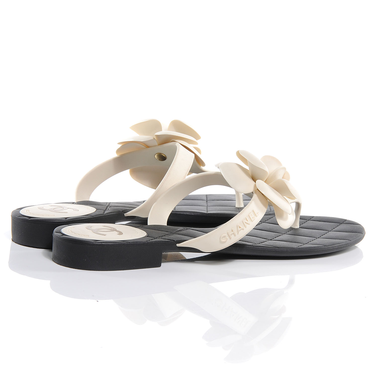 CHANEL Jelly Quilted Camellia Thong Sandals 40 Black White 53898