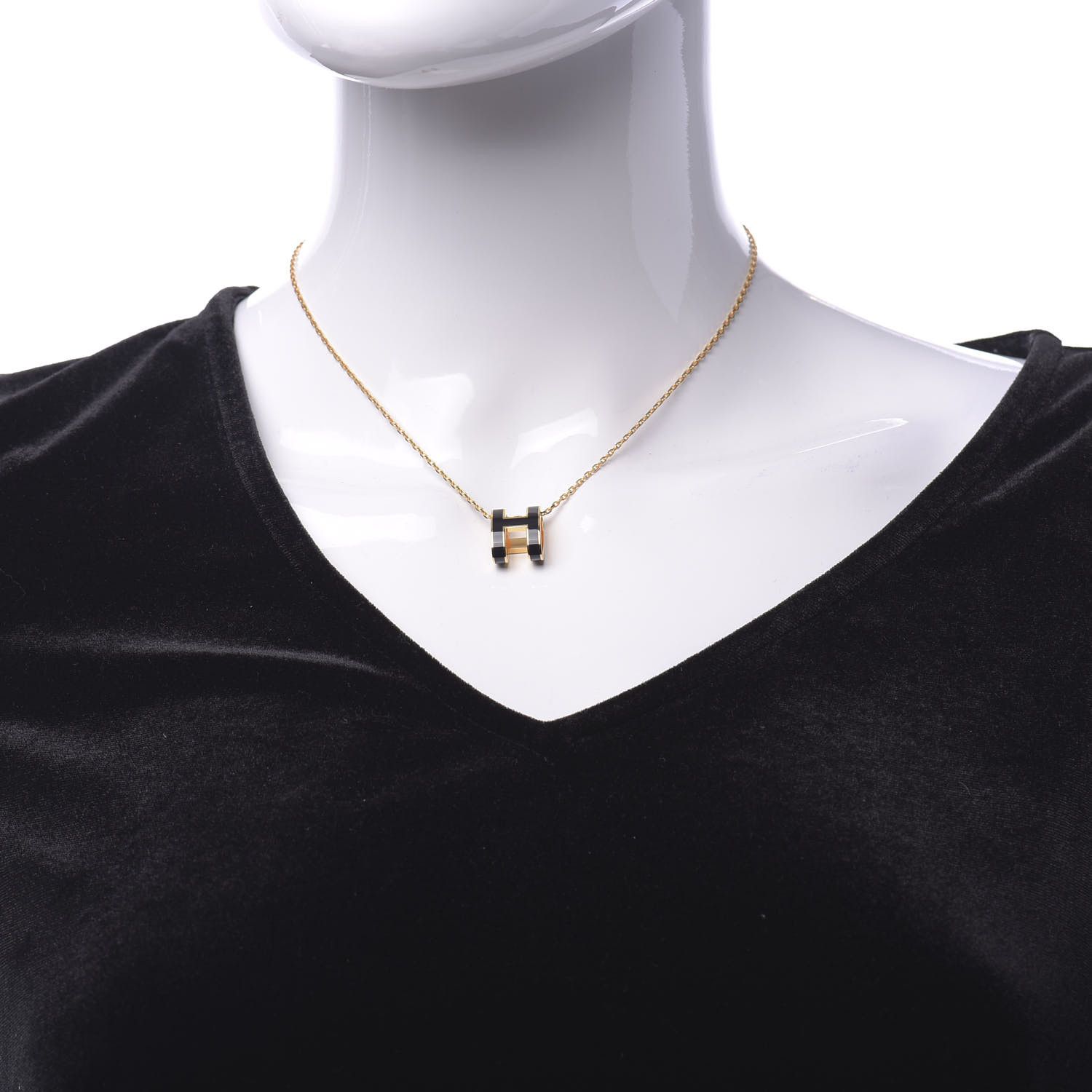 HERMES Lacquered Gold Pop H Pendant Necklace Black 643853 FASHIONPHILE