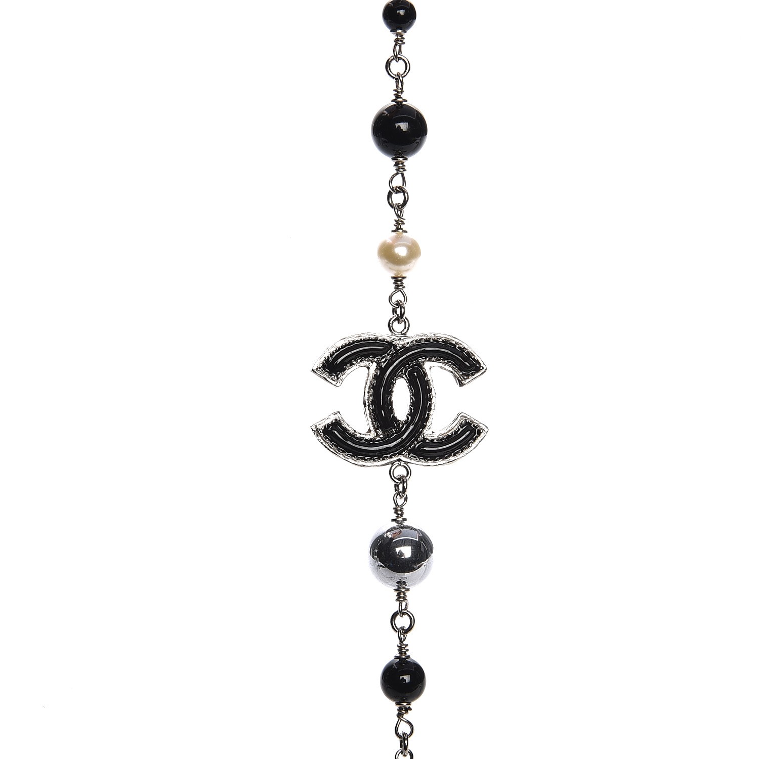 CHANEL Pearl Bead Enamel CC Long Necklace Black Silver 215415