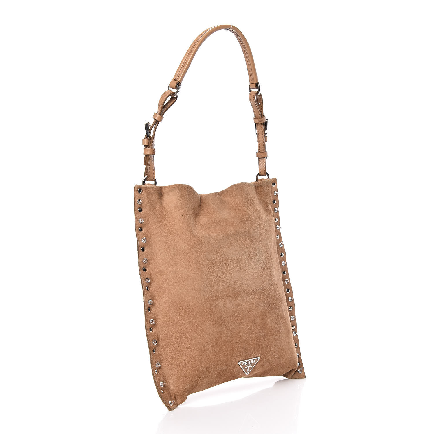 PRADA Suede Studded Crystal Bag Light Brown 430454
