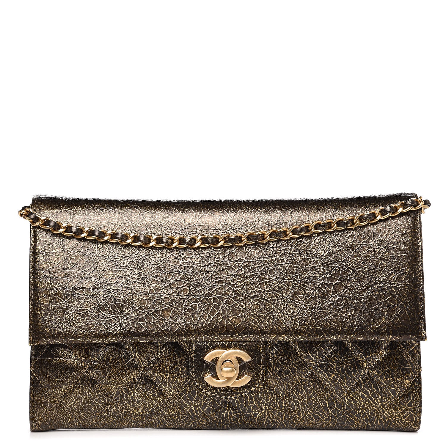 CHANEL Cracked Metallic Calfskin Quilted Zip Away Chain Clutch Gold 257949