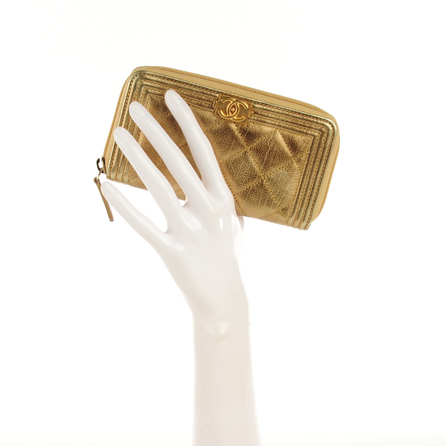 CHANEL Metallic Aged Calfskin Quilted Small Boy Zip Around Wallet Gold 122969