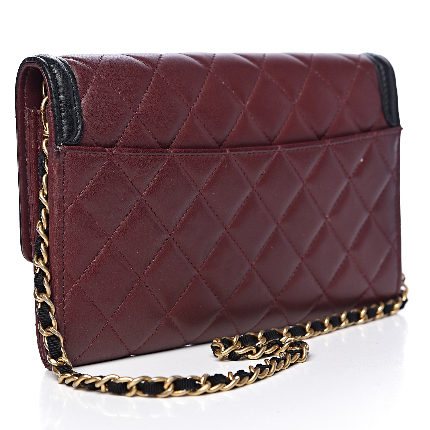 CHANEL Lambskin Quilted Two Tone Clutch With Chain Burgundy Black 485538