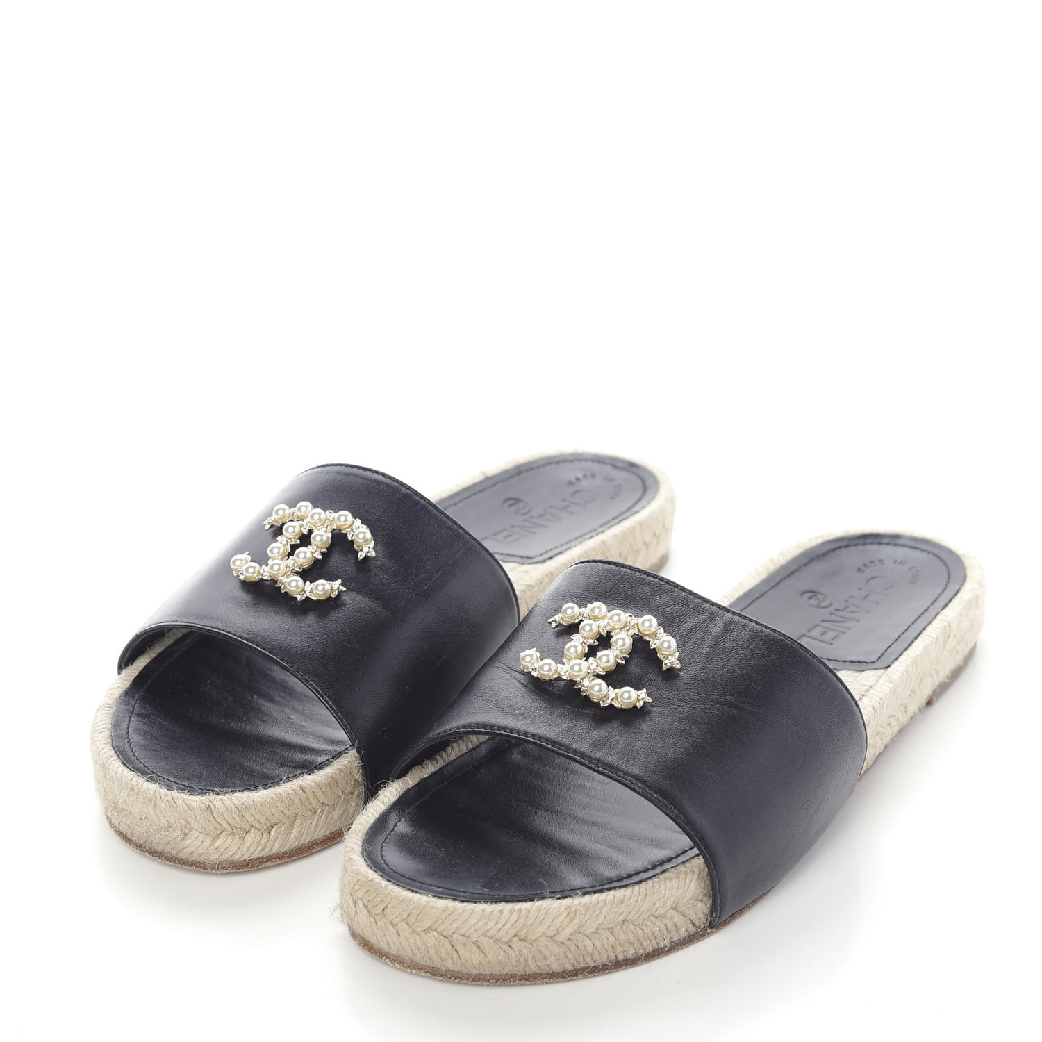 CHANEL Lambskin Pearl CC Espadrille Slip On Sandals 38 Black 599789 ...