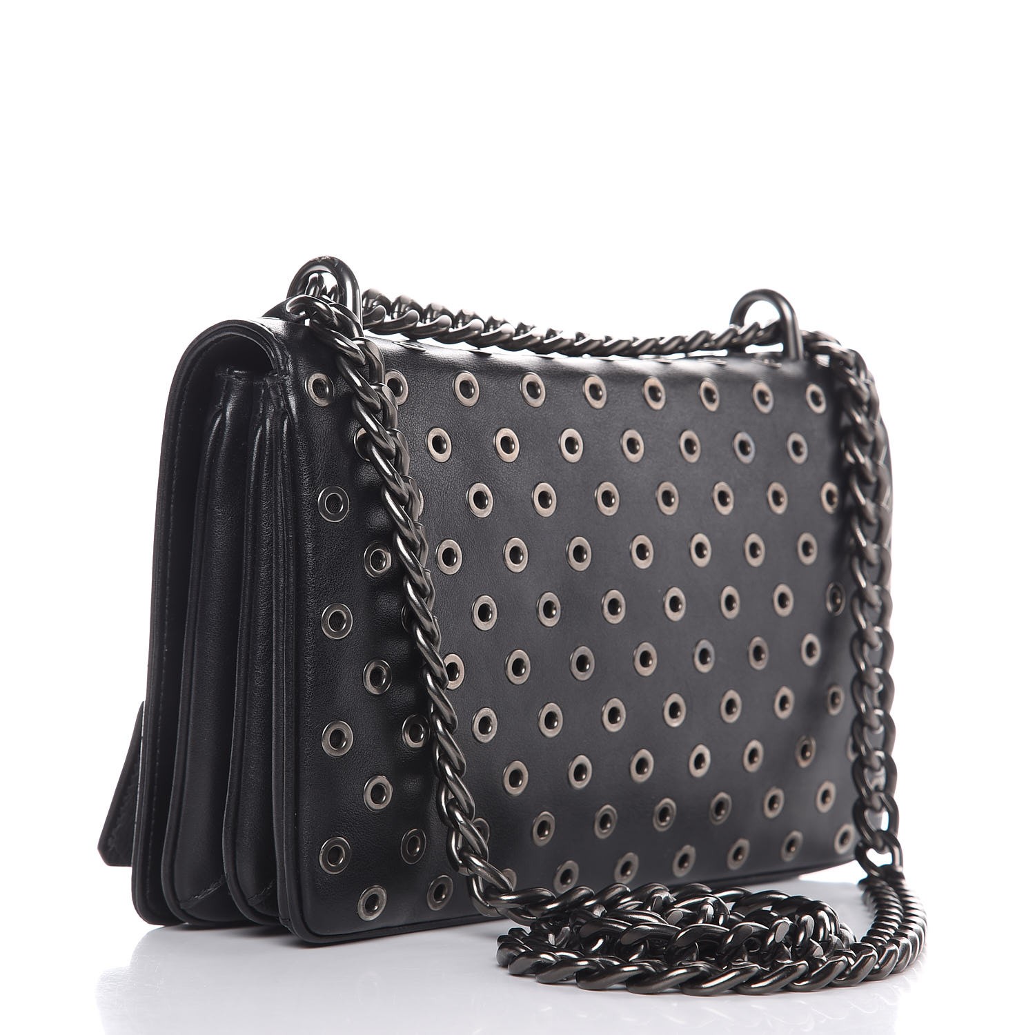 PRADA Soft Calf Grommet Chain Shoulder Bag Black 283914