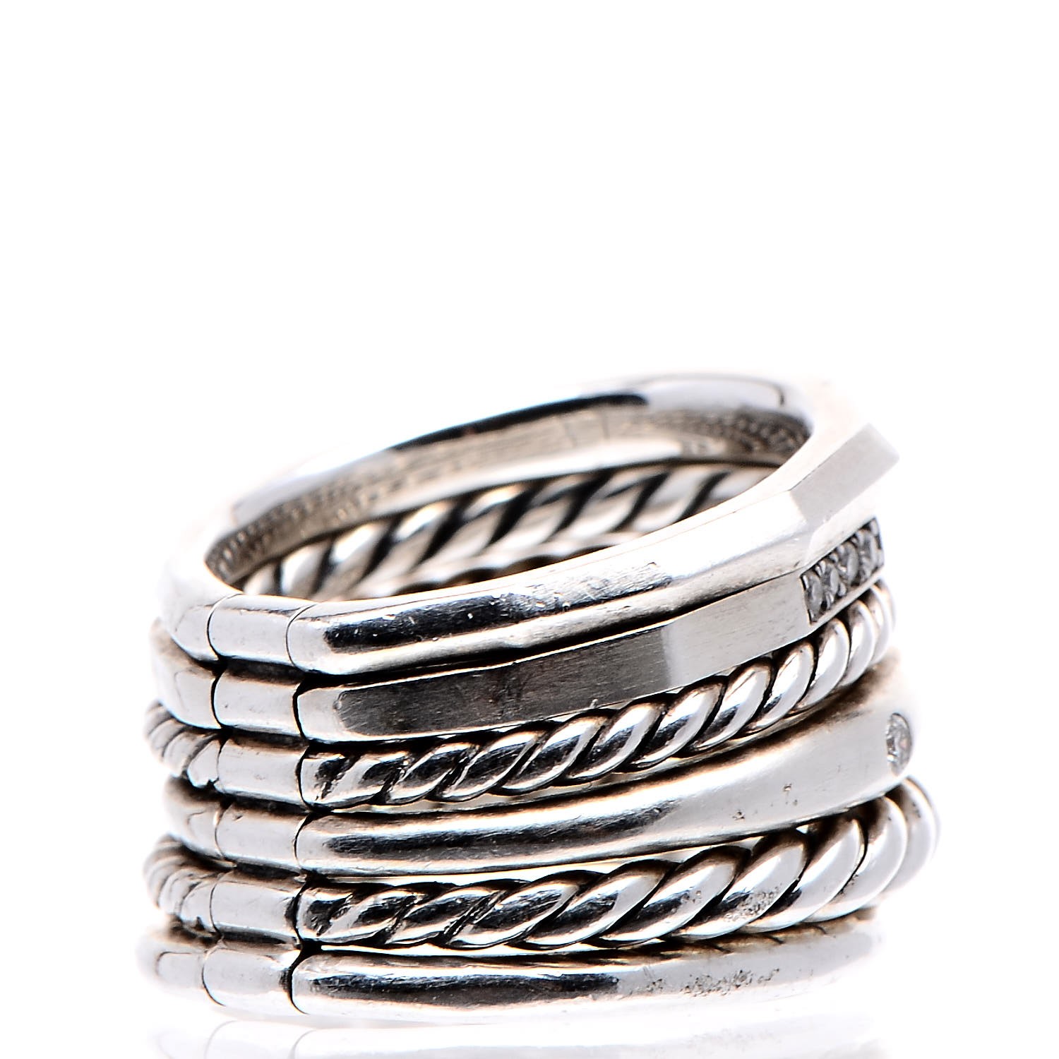 DAVID YURMAN Sterling Silver Diamond 16mm Stax Wide Stacked Ring 49.3 5 ...