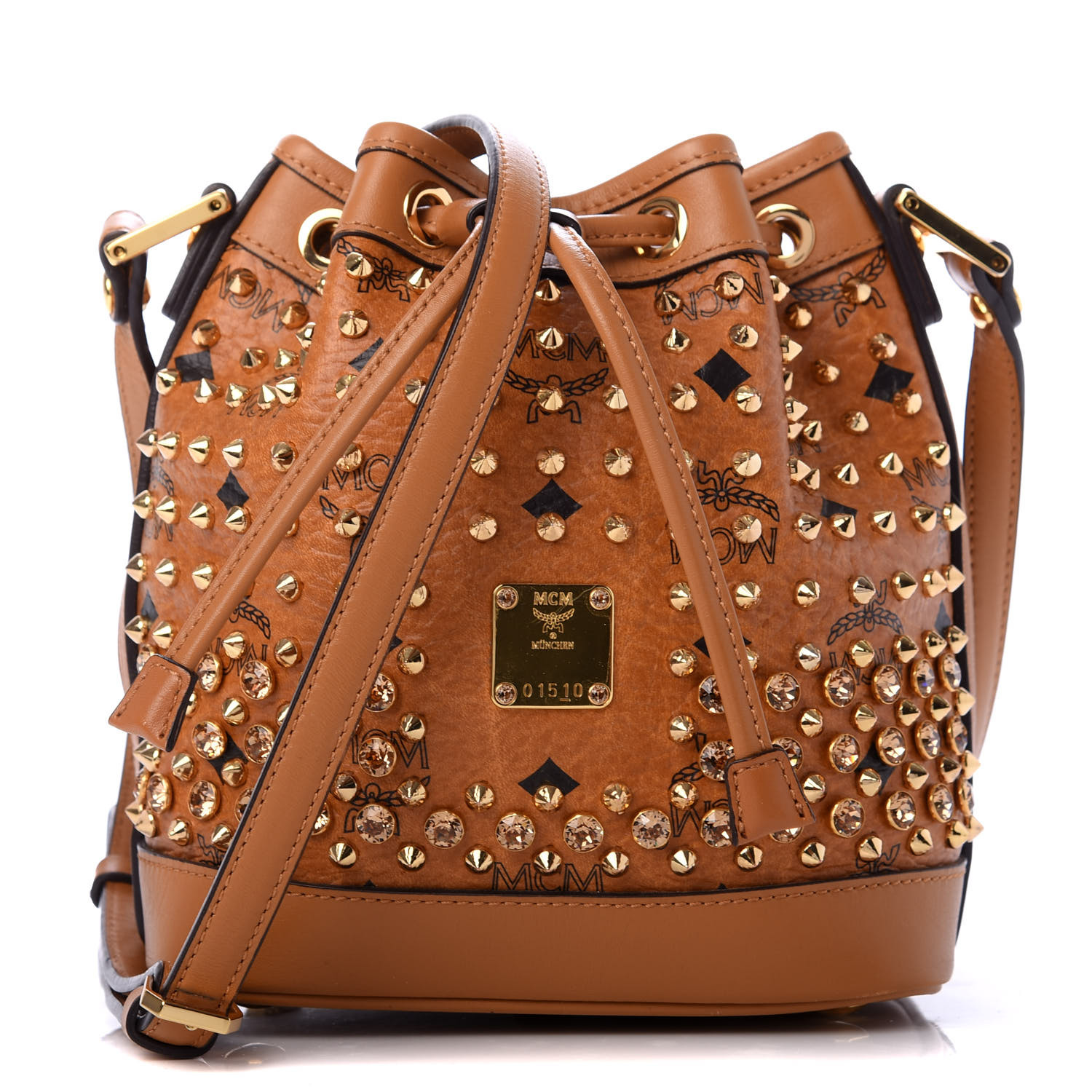 MCM Visetos Swarovski Crystal Studded Mini Drawstring Bucket Bag Cognac ...