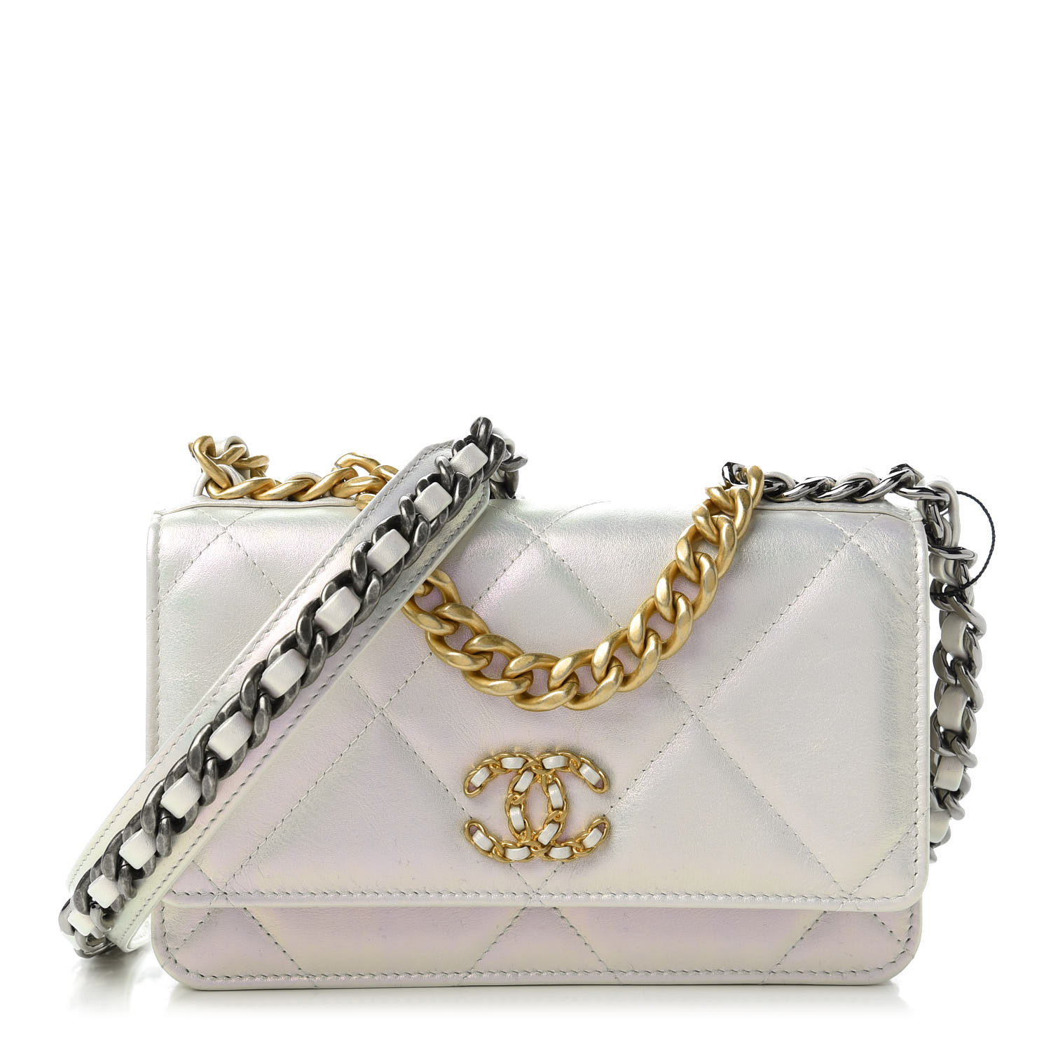 CHANEL Iridescent Calfskin Quilted Chanel 19 Wallet On Chain WOC White ...