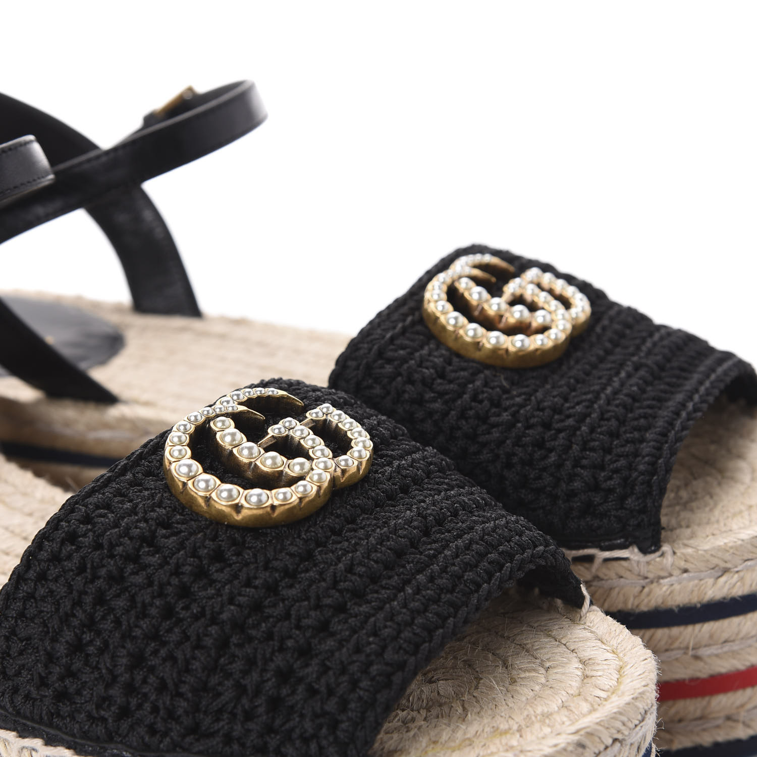 GUCCI Crochet Pearl Embellished GG Espadrille 38 Black 616013