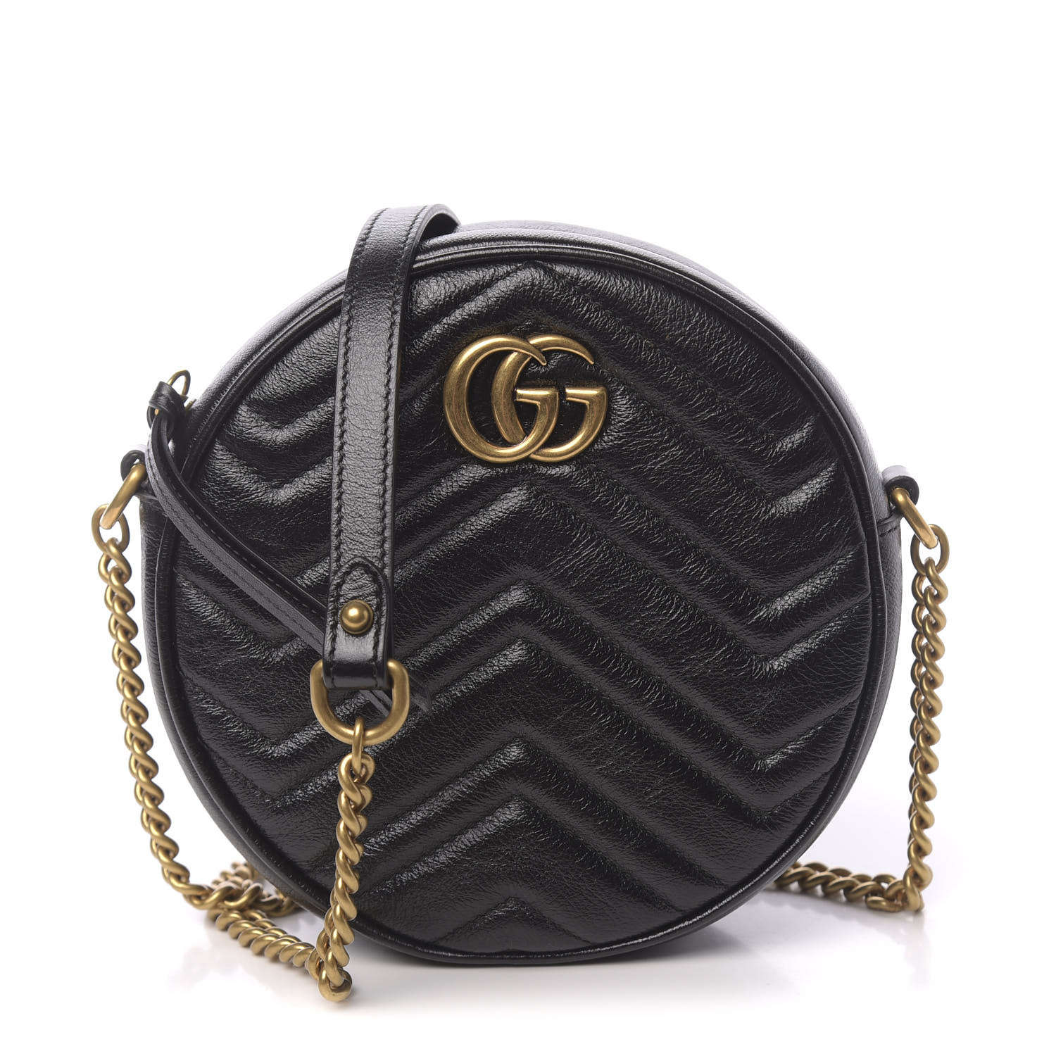 GUCCI Calfskin Matelasse Mini GG Marmont Round Shoulder Bag Black 617370