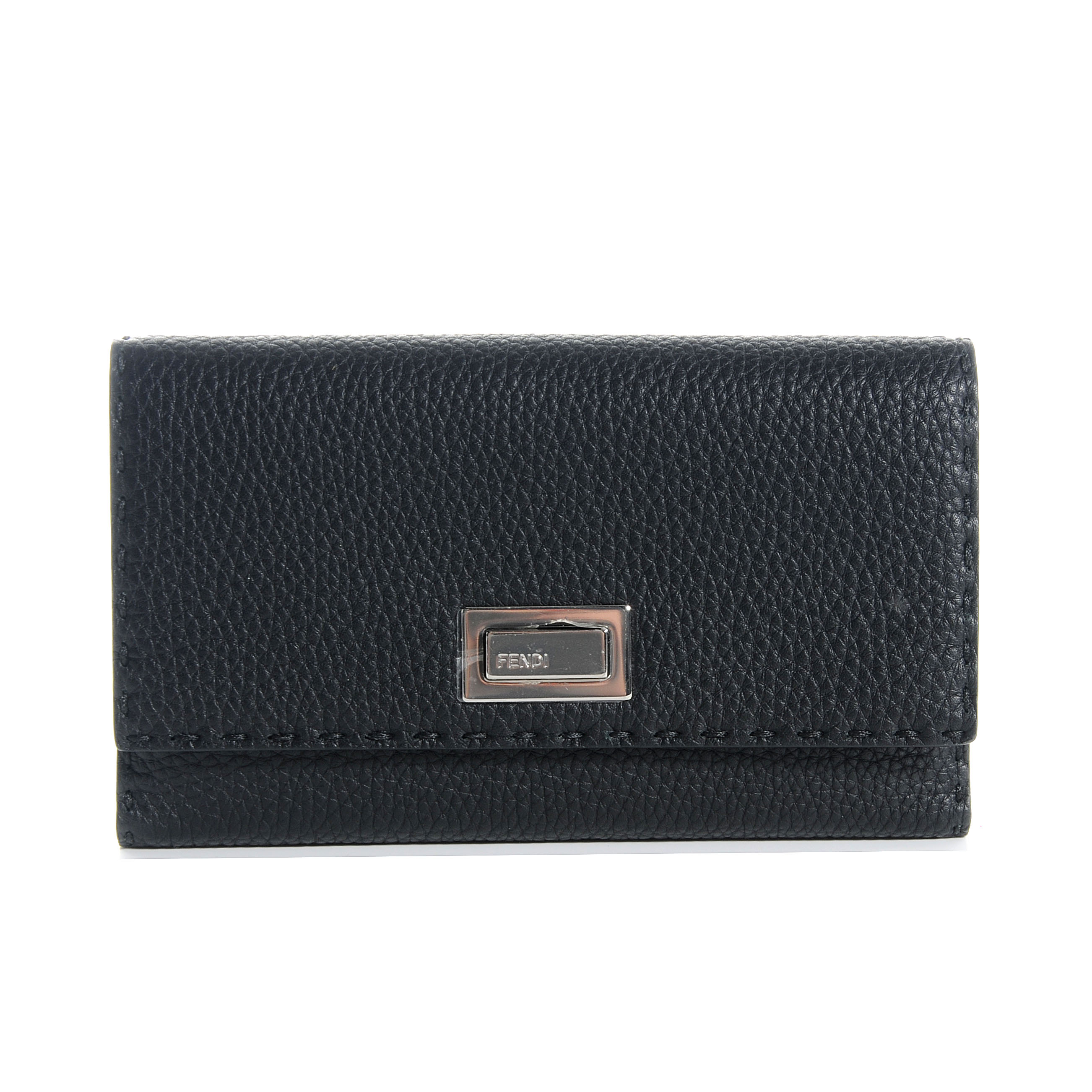 FENDI Pebbled Calfskin Selleria Turn Lock Continental Wallet Black 55806