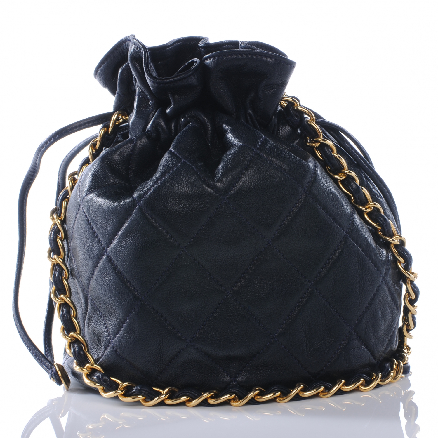 CHANEL Lambskin Drawstring Pouch Bag Navy Blue