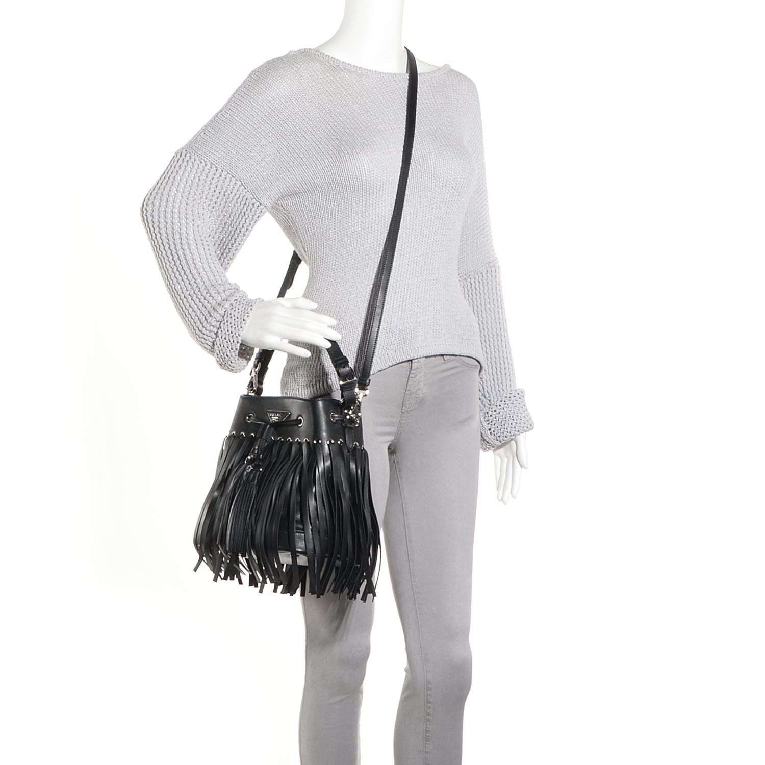 prada fringe bucket bag