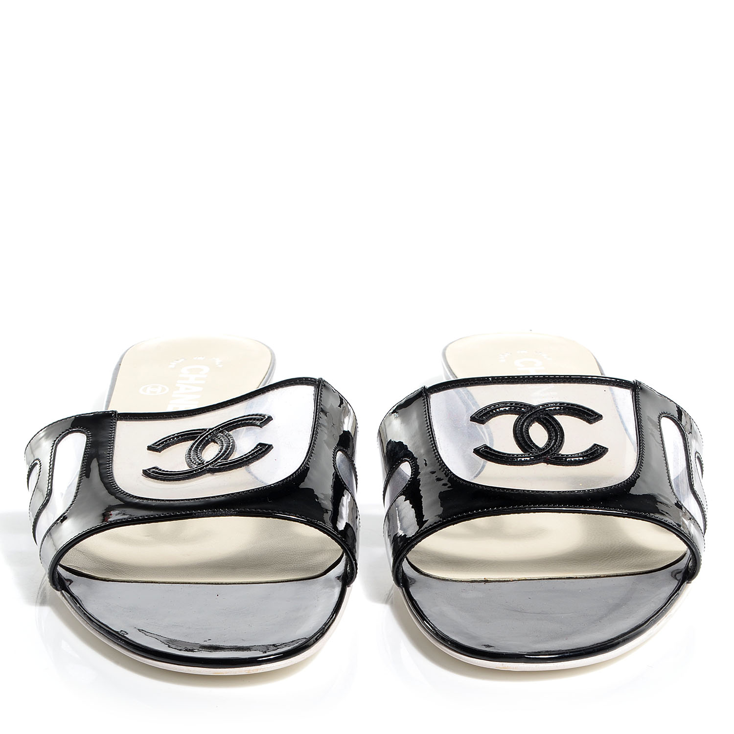 CHANEL Vinyl Patent Leather CC Slides 