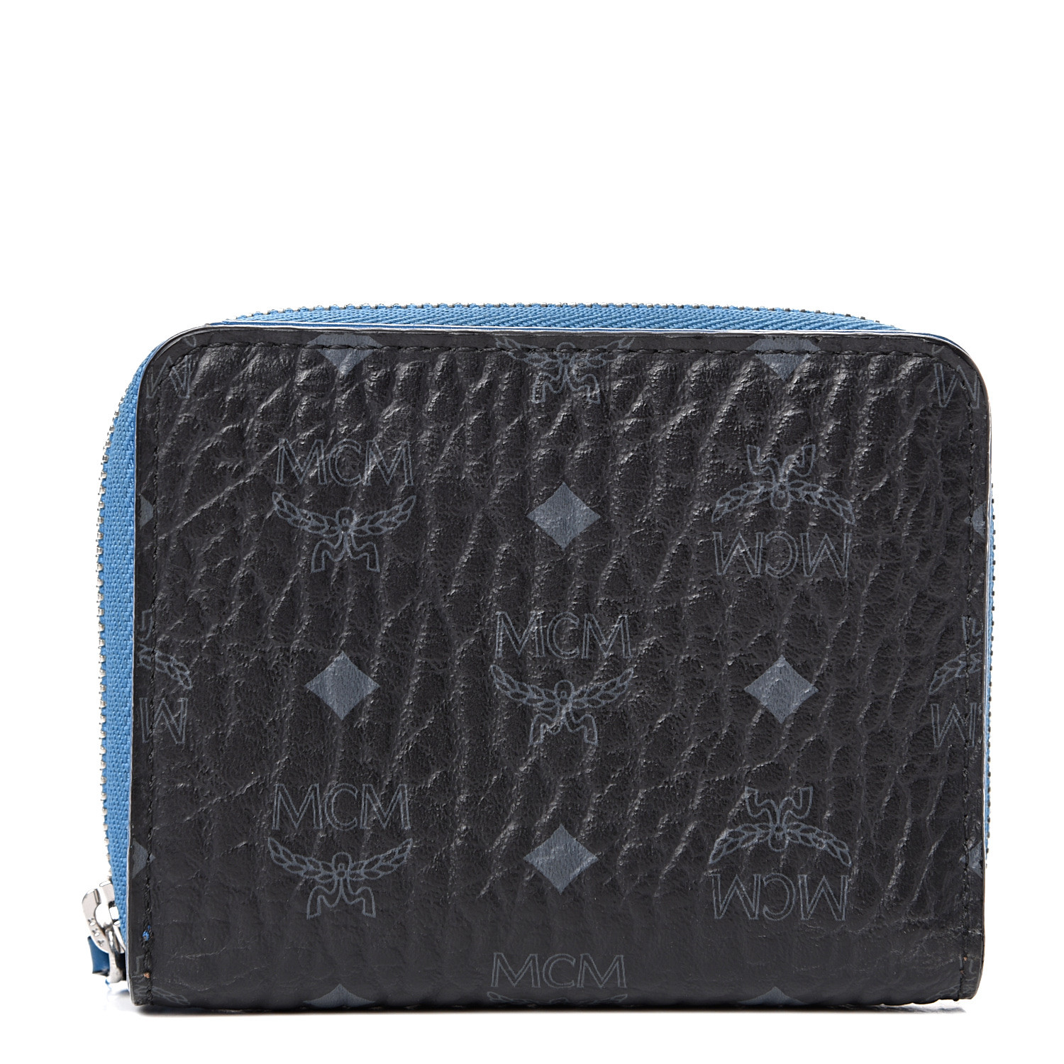 MCM Visetos Mini Zip Around Wallet Black Blue 546304