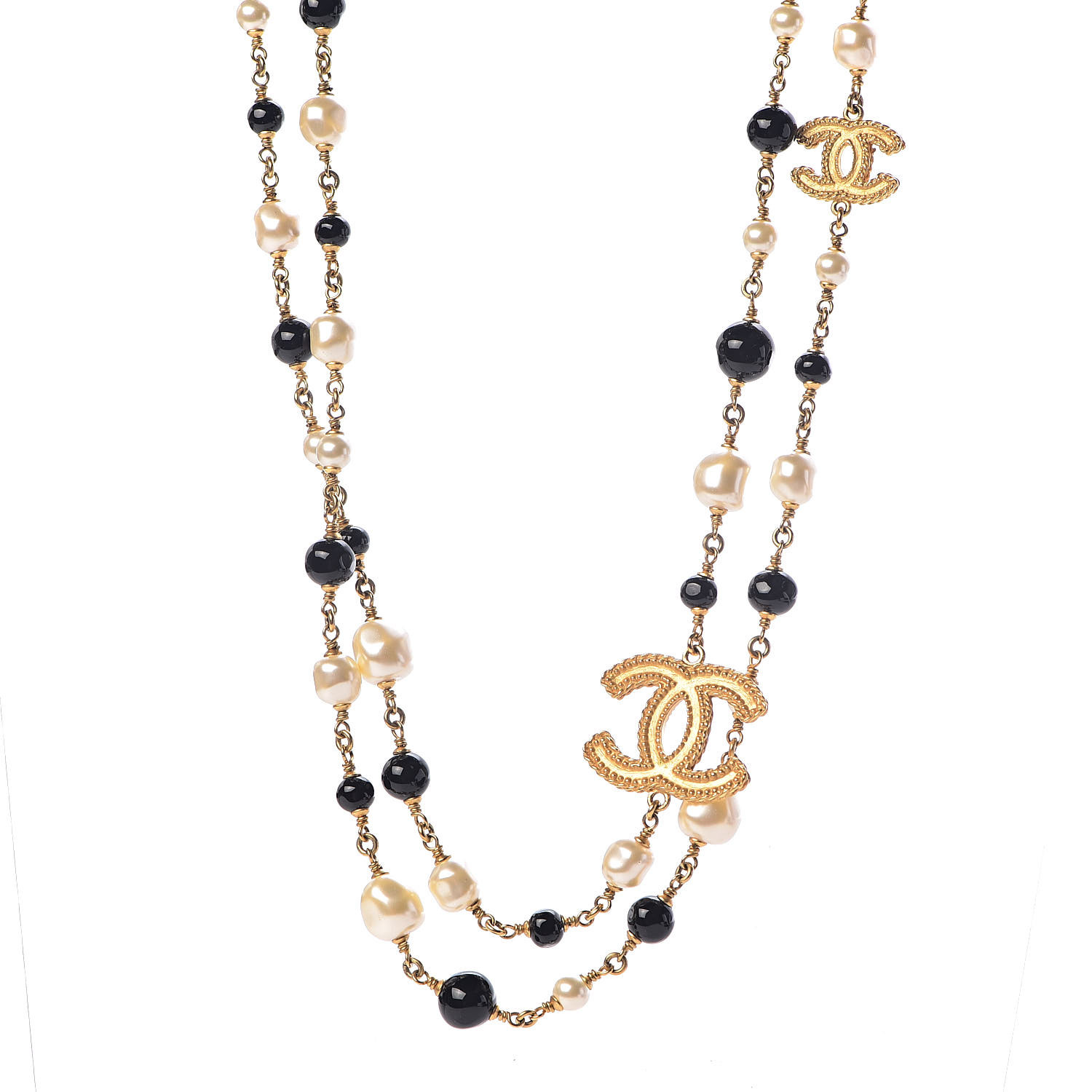 CHANEL Pearl Bead CC Long Necklace Black Gold 502302