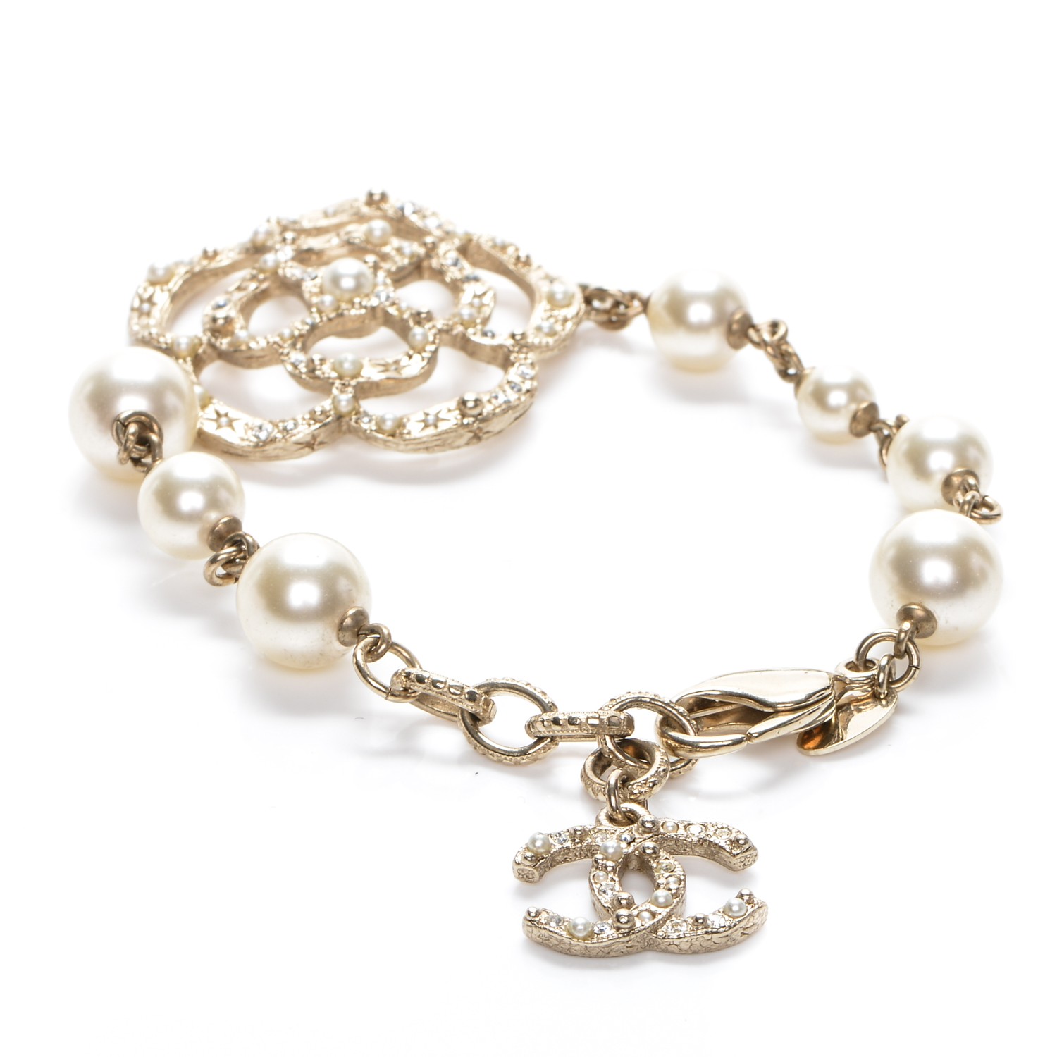 CHANEL Swarovski Crystal Camellia Pearl CC Bracelet Gold 194754