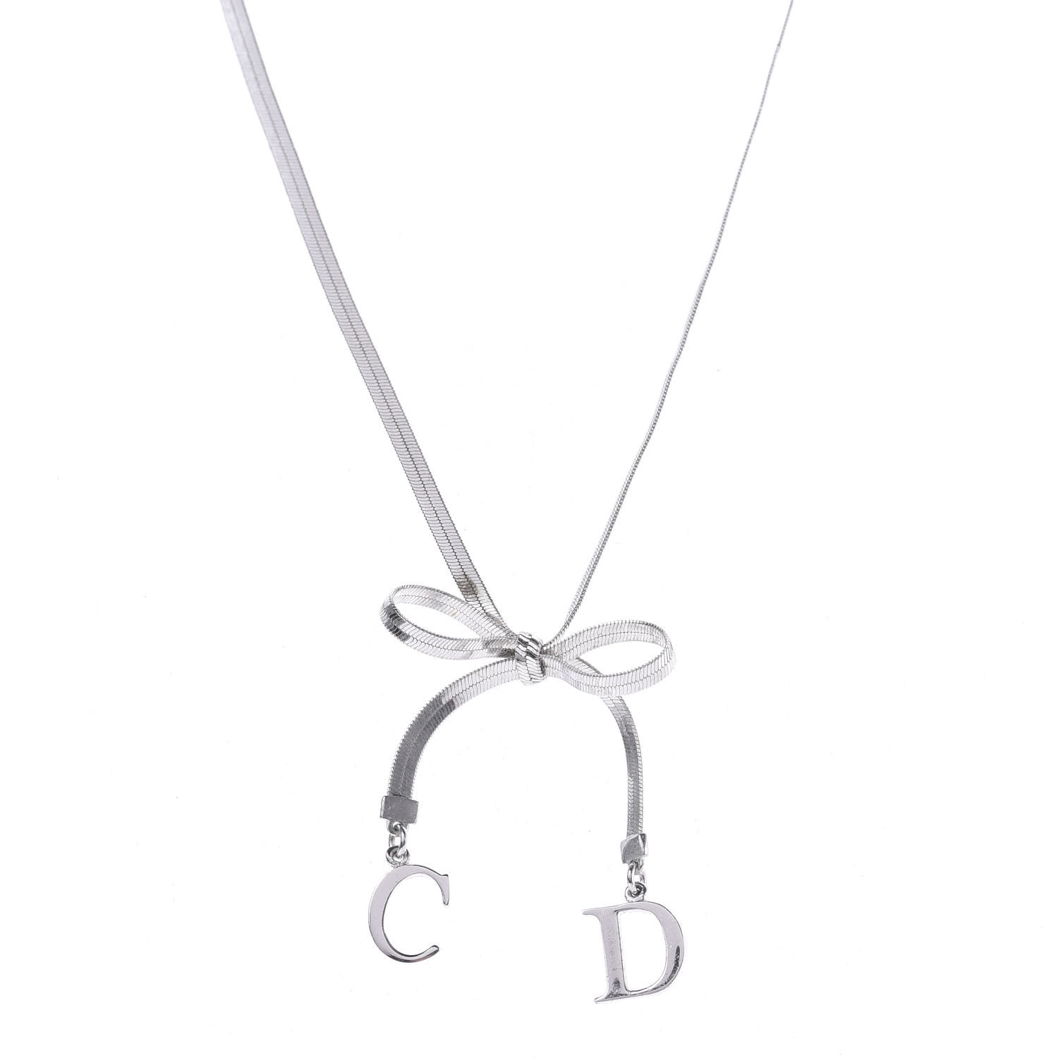 CHRISTIAN DIOR Bow CD Necklace Silver 