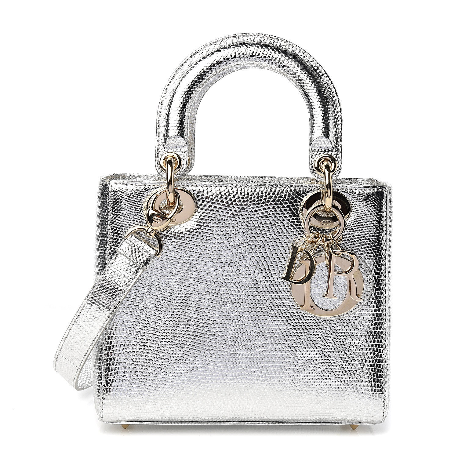 CHRISTIAN DIOR Metallic Lizard Small Lady Dior Argent 573354