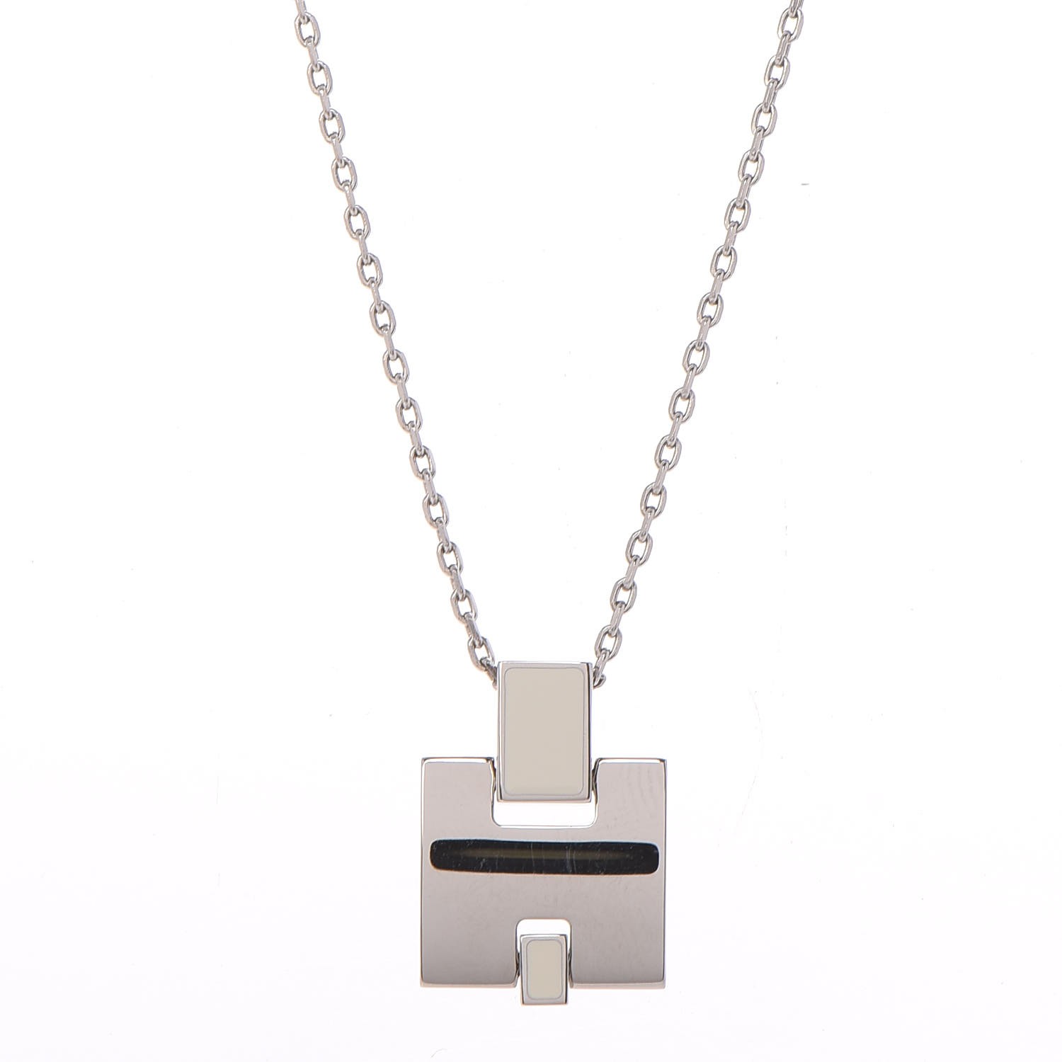 HERMES Lacquered Palladium Eileen Pendant Necklace Blanc White 275540