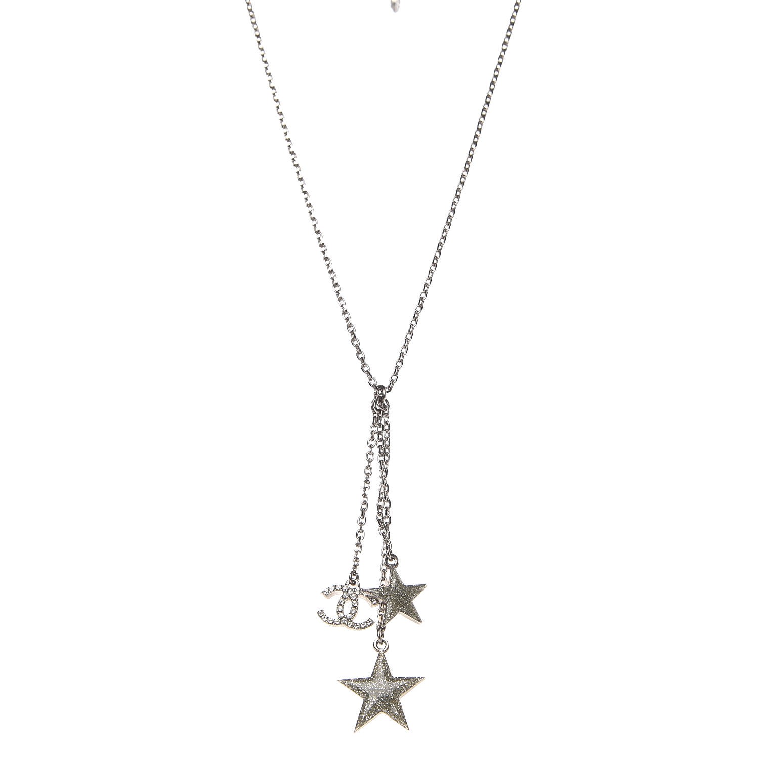 Chanel Crystal Glitter Enamel Cc Star Drop Necklace Silver Fashionphile