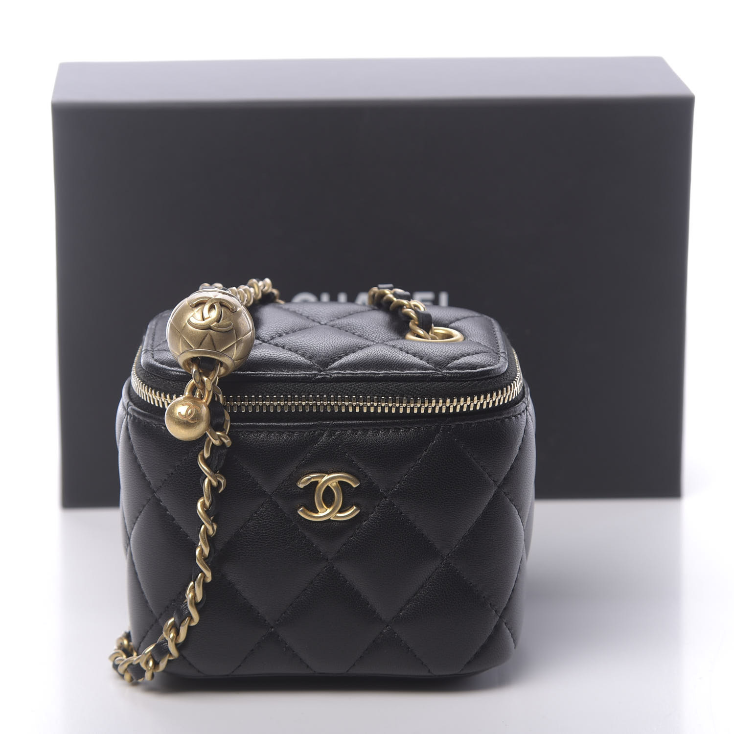 Chanel Lambskin Quilted Pearl Crush Mini Vanity Case With Chain Black