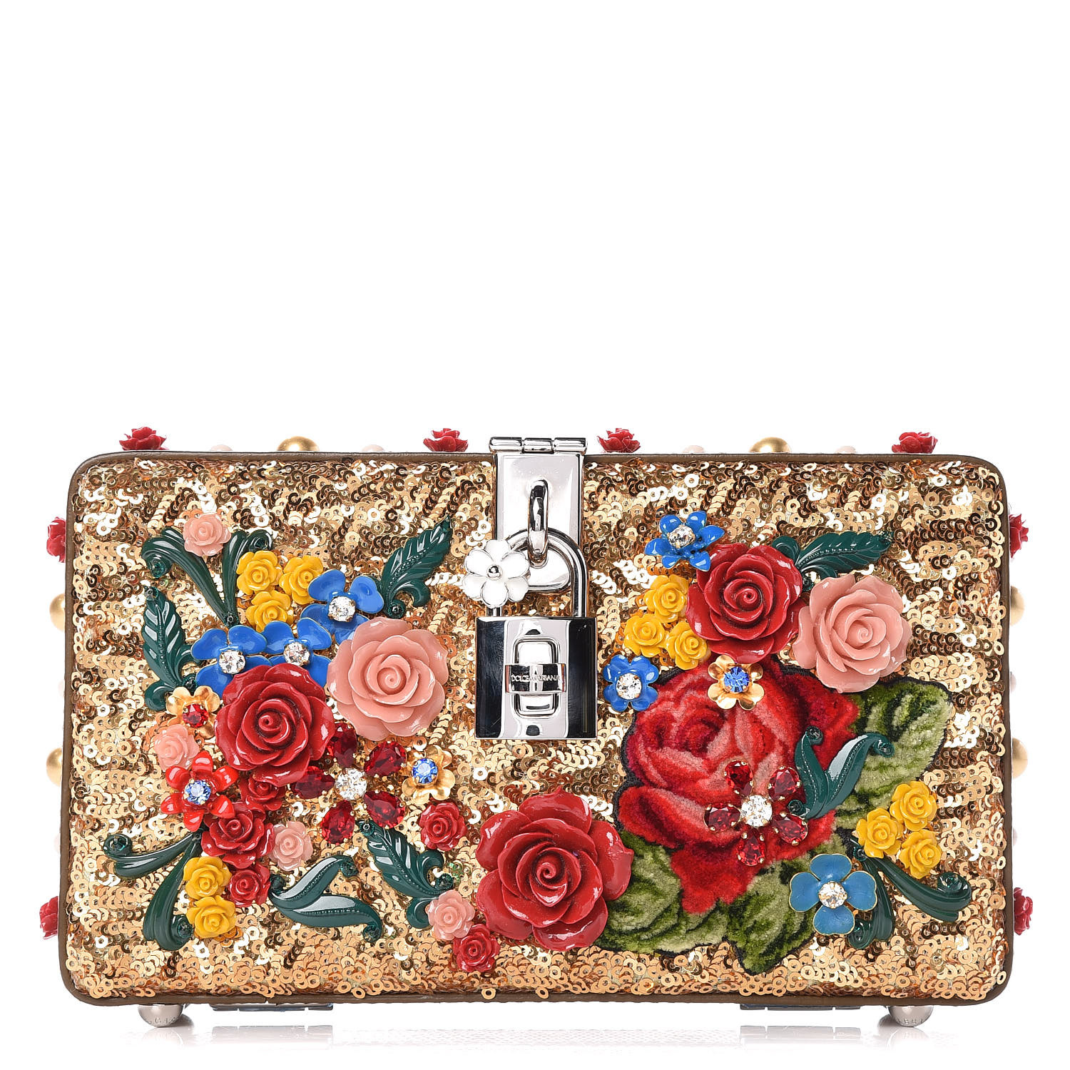 DOLCE & GABBANA Sequin Floral Dolce Box Clutch Gold 409372