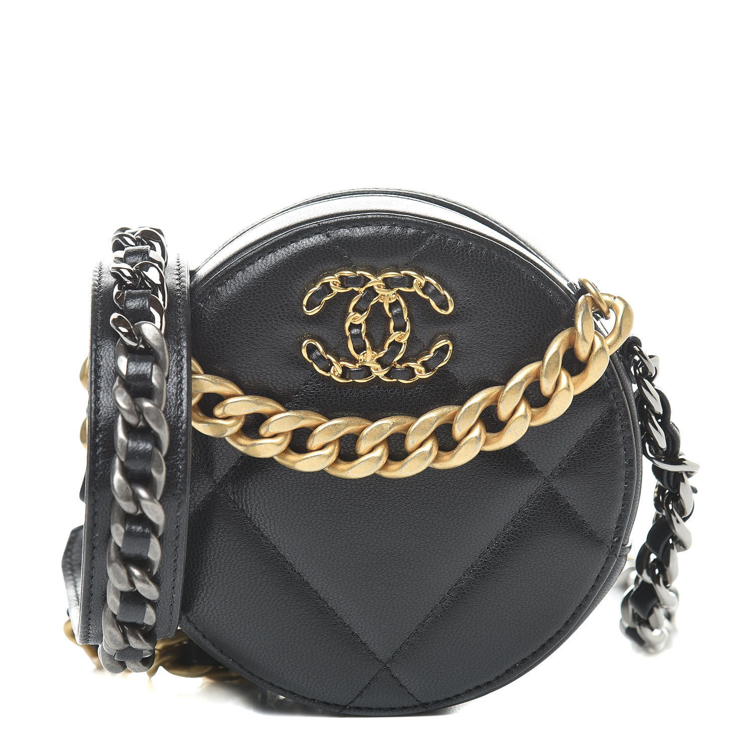 CHANEL Lambskin Quilted Chanel 19 Round Clutch With Chain Black 527048 ...