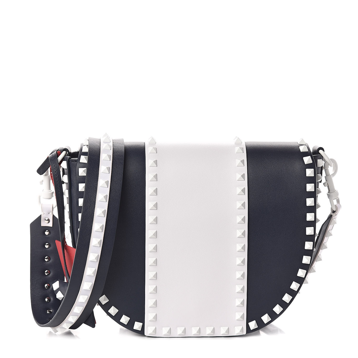 navy and white bag